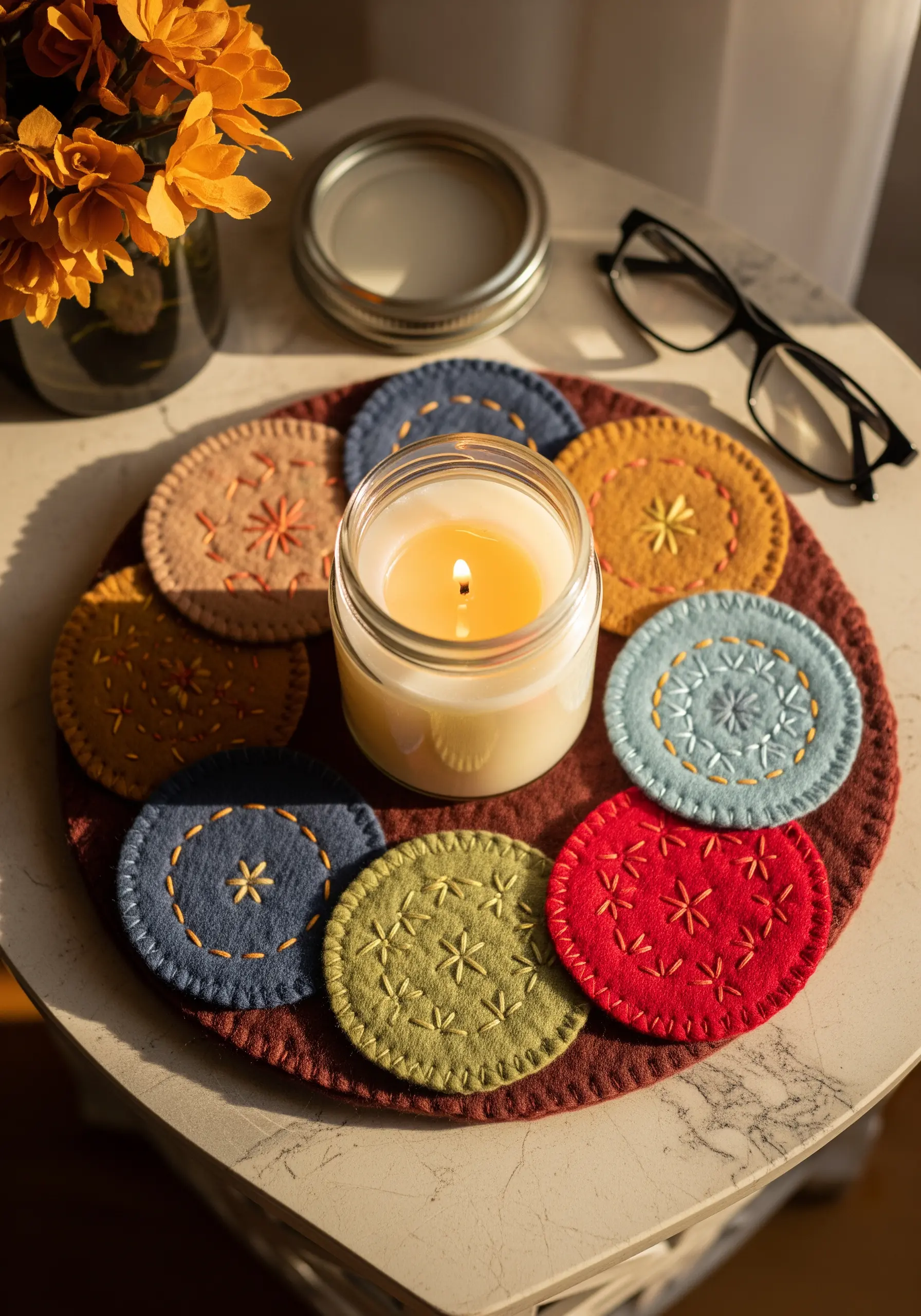 layered felt candle mats with blanket stitch details