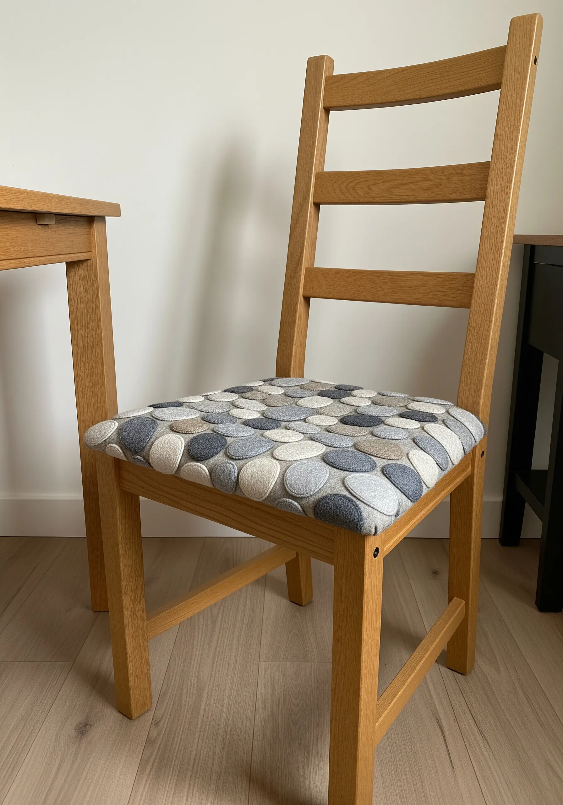 A chair seat covered in an appliqué pattern of overlapping, multi-toned neutral felt pebbles.