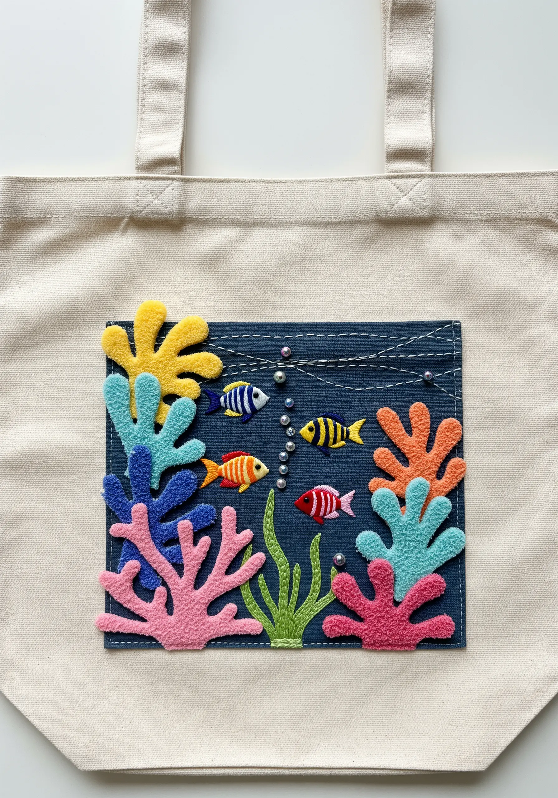 A tote bag decorated with colorful felt appliqué creating an underwater coral scene.