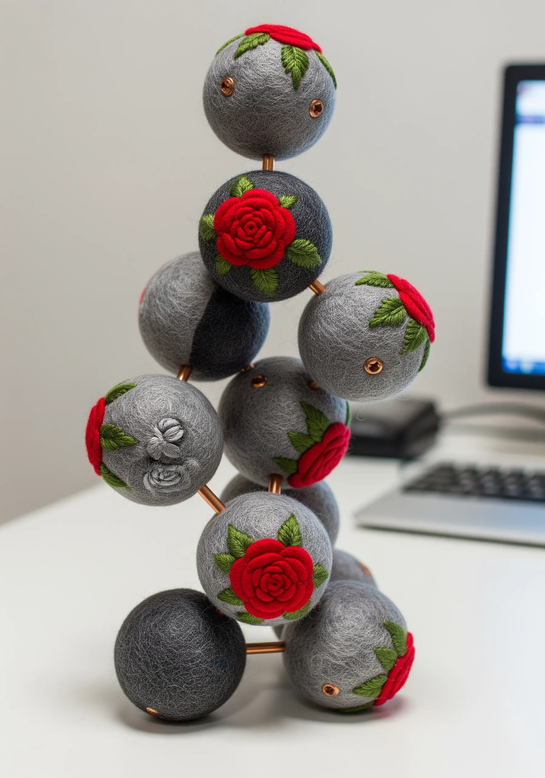 Structure of grey felt balls with red roses