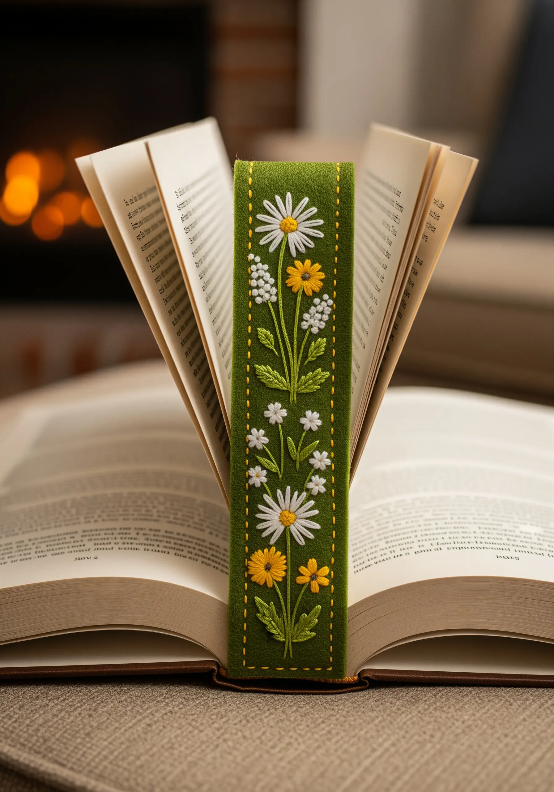 Green felt bookmark with daisy embroidery details