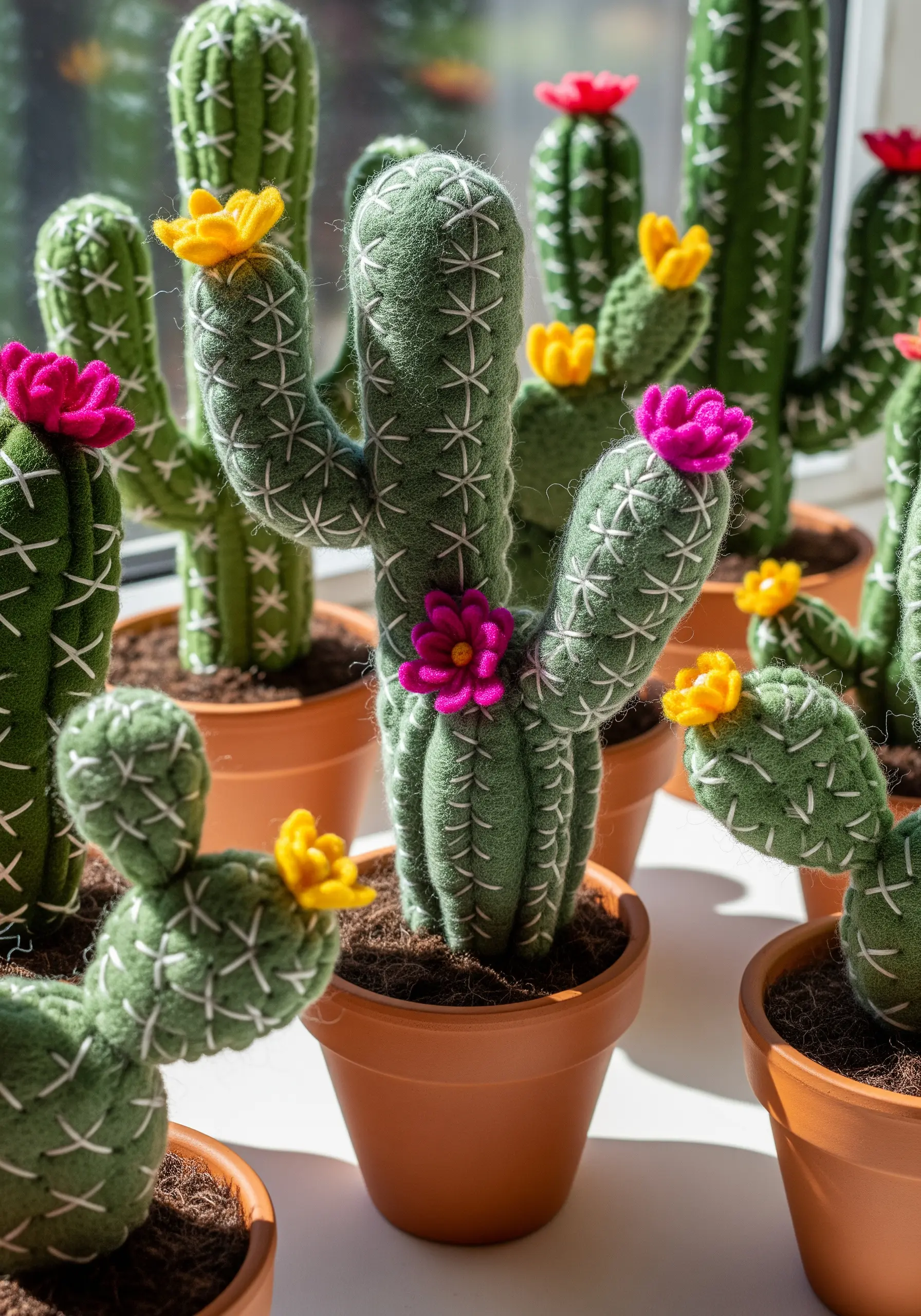 Felt cacti with white blanket stitch details