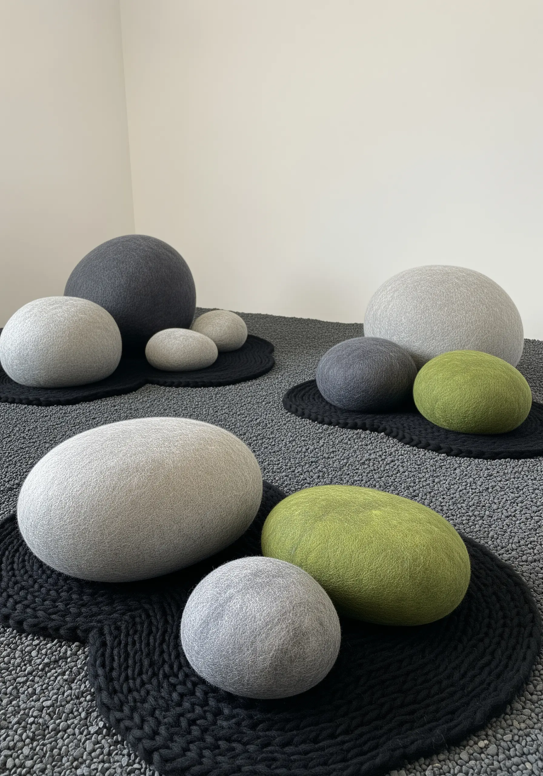 Soft, felted wool sculptures shaped like smooth river stones in shades of grey and green.
