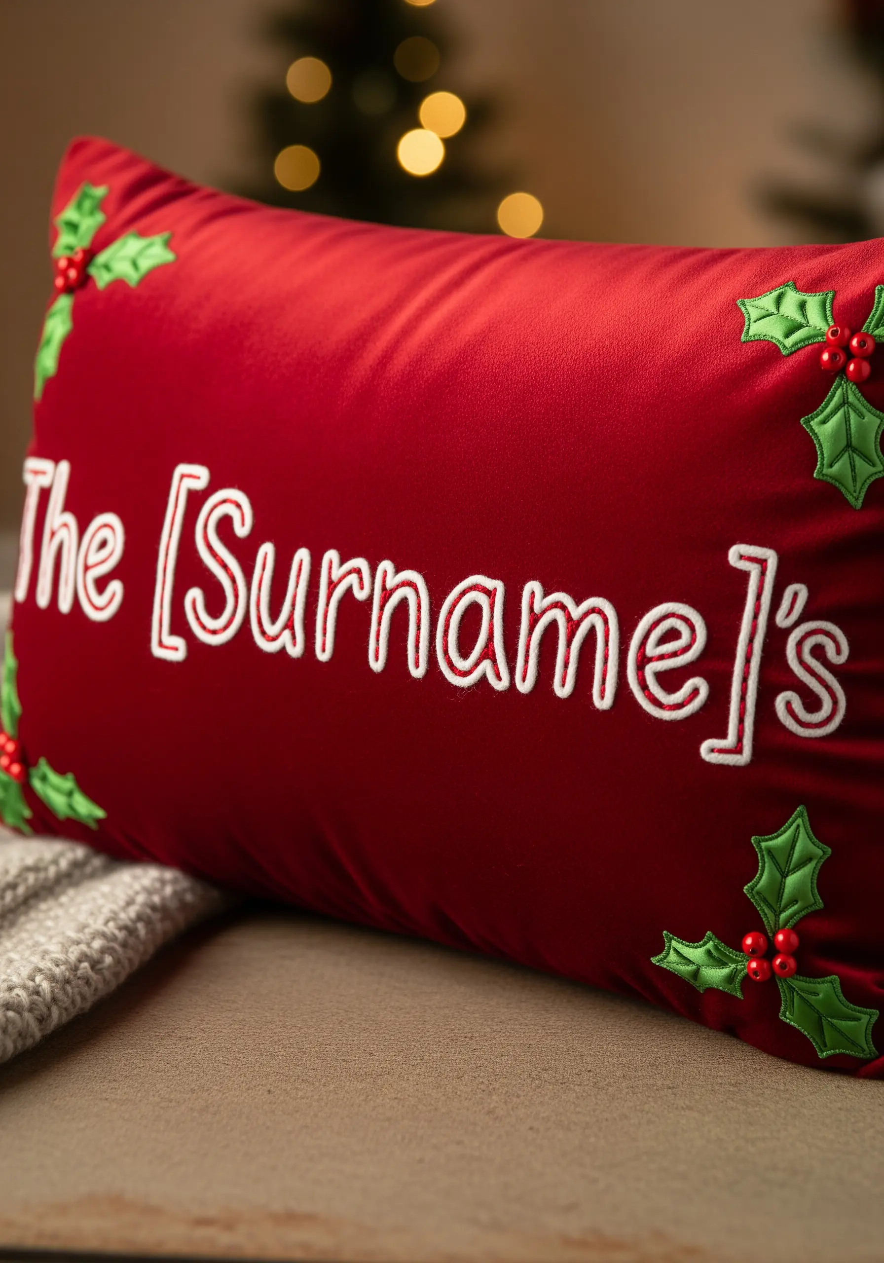 Red velvet Christmas pillow with The Surname's embroidered in white and red