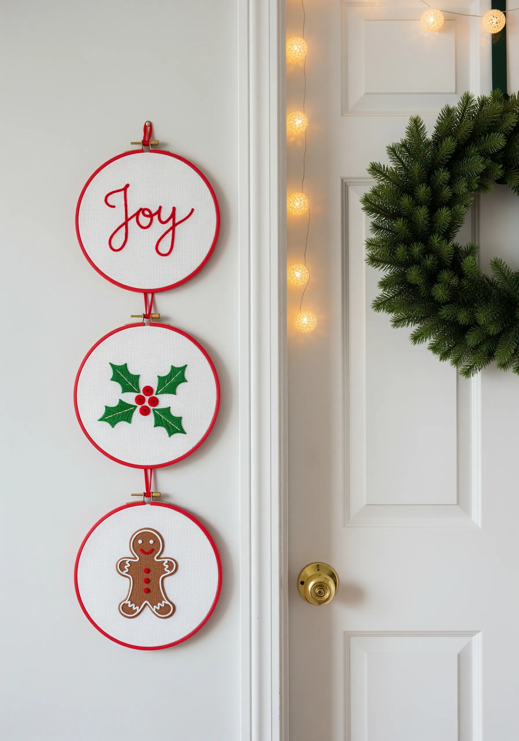 Three vertically stacked embroidery hoops with simple holiday designs: 'Joy,' holly, and a gingerbread man.