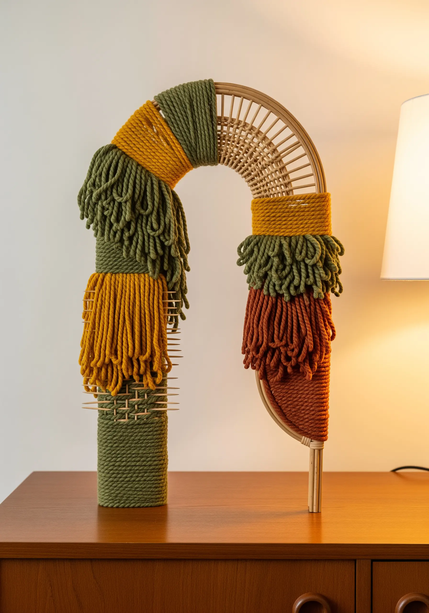 Arch sculpture wrapped in green and yellow yarn