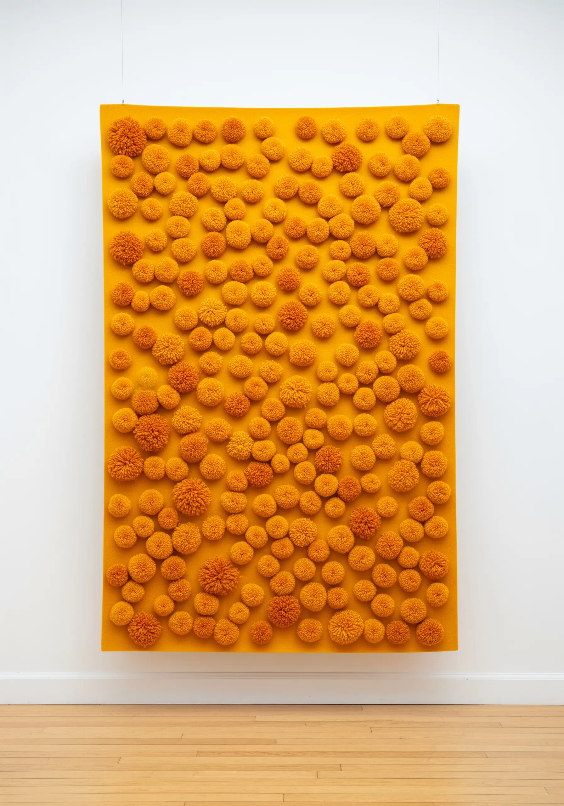 A large rectangular wall hanging covered in dense, fluffy orange pom-poms of various sizes.