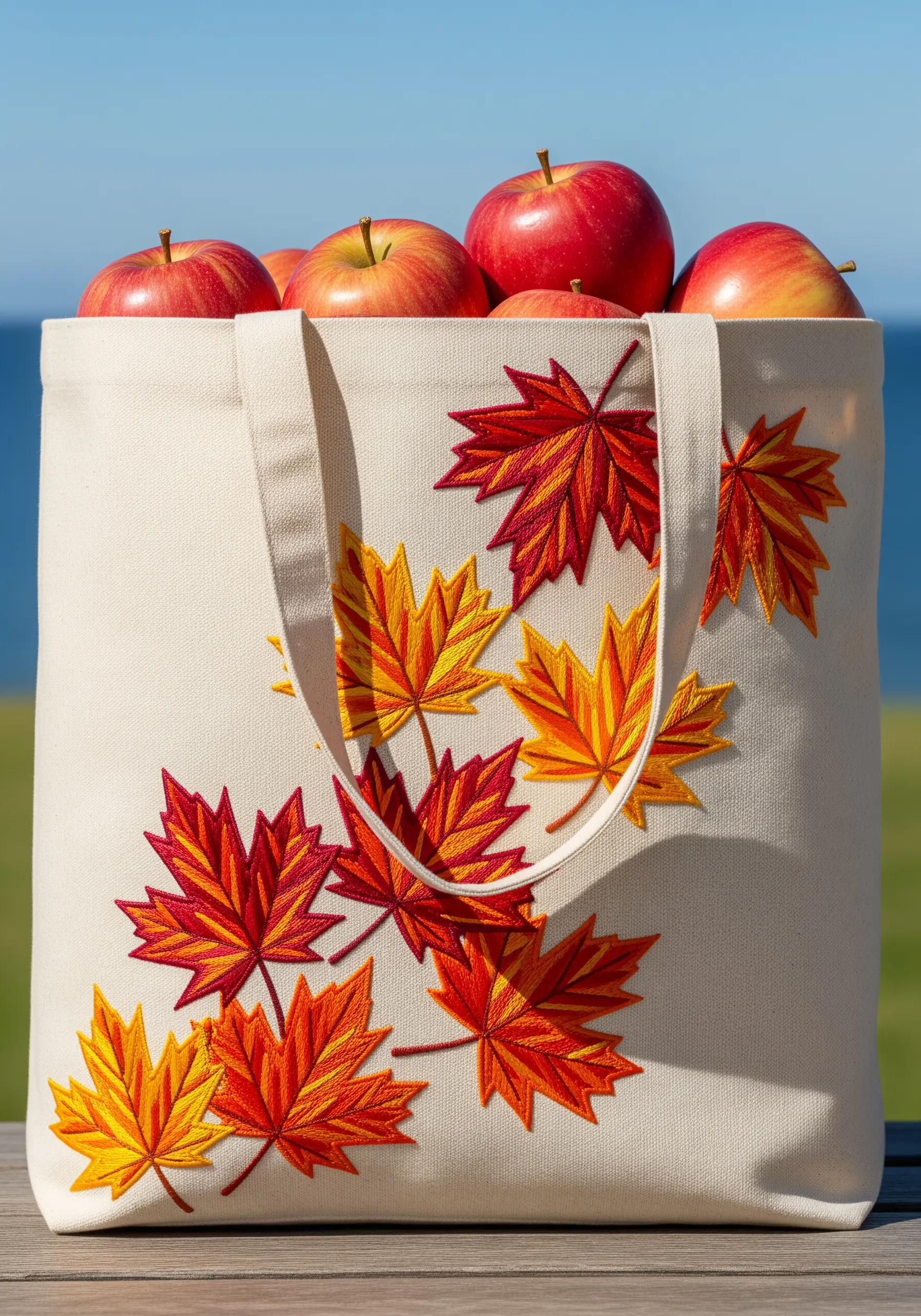 Scattered maple leaves embroidered in vibrant red, orange, and yellow autumn gradients.