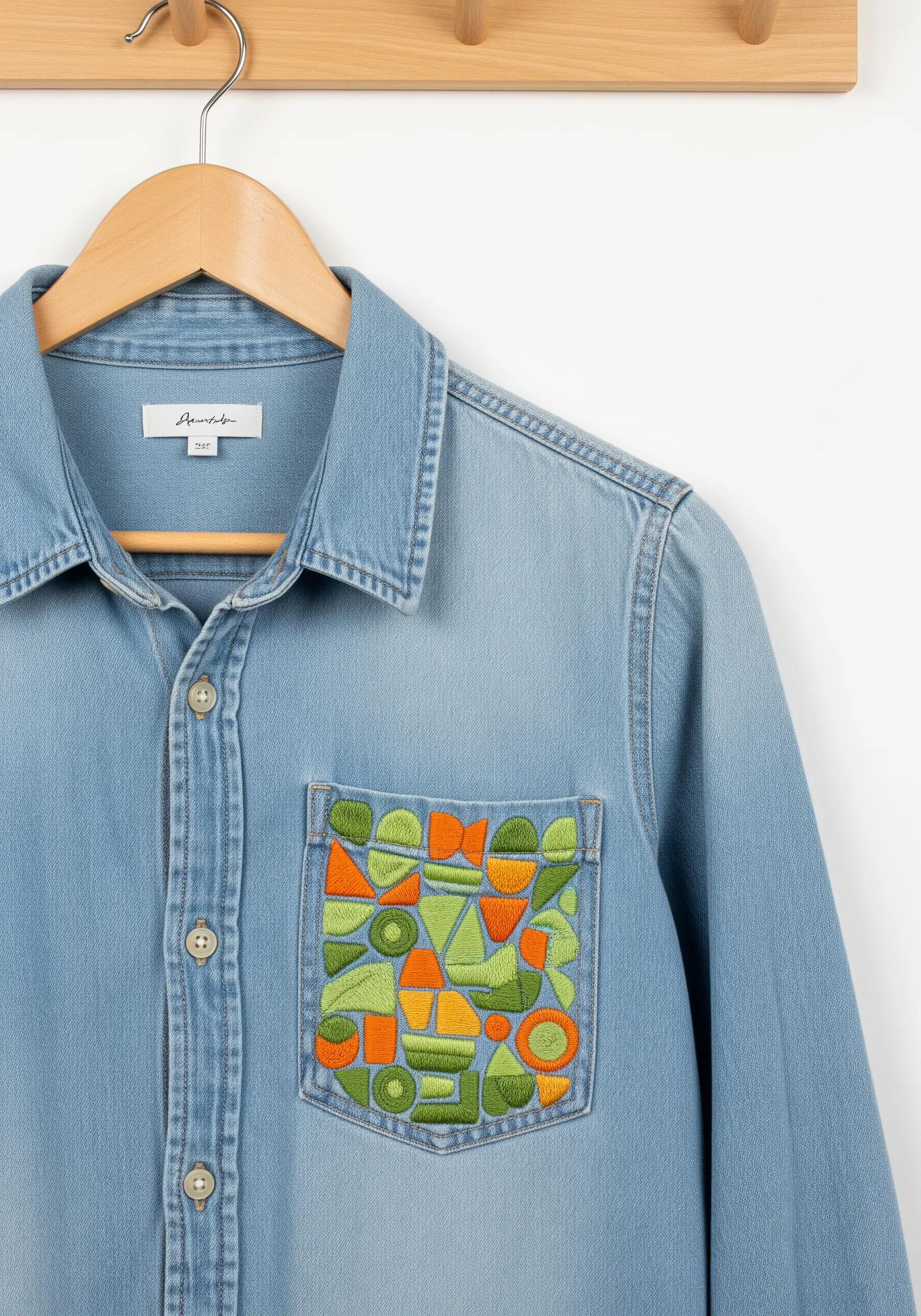 A denim shirt pocket filled with a geometric mosaic of satin stitch in shades of green and orange.