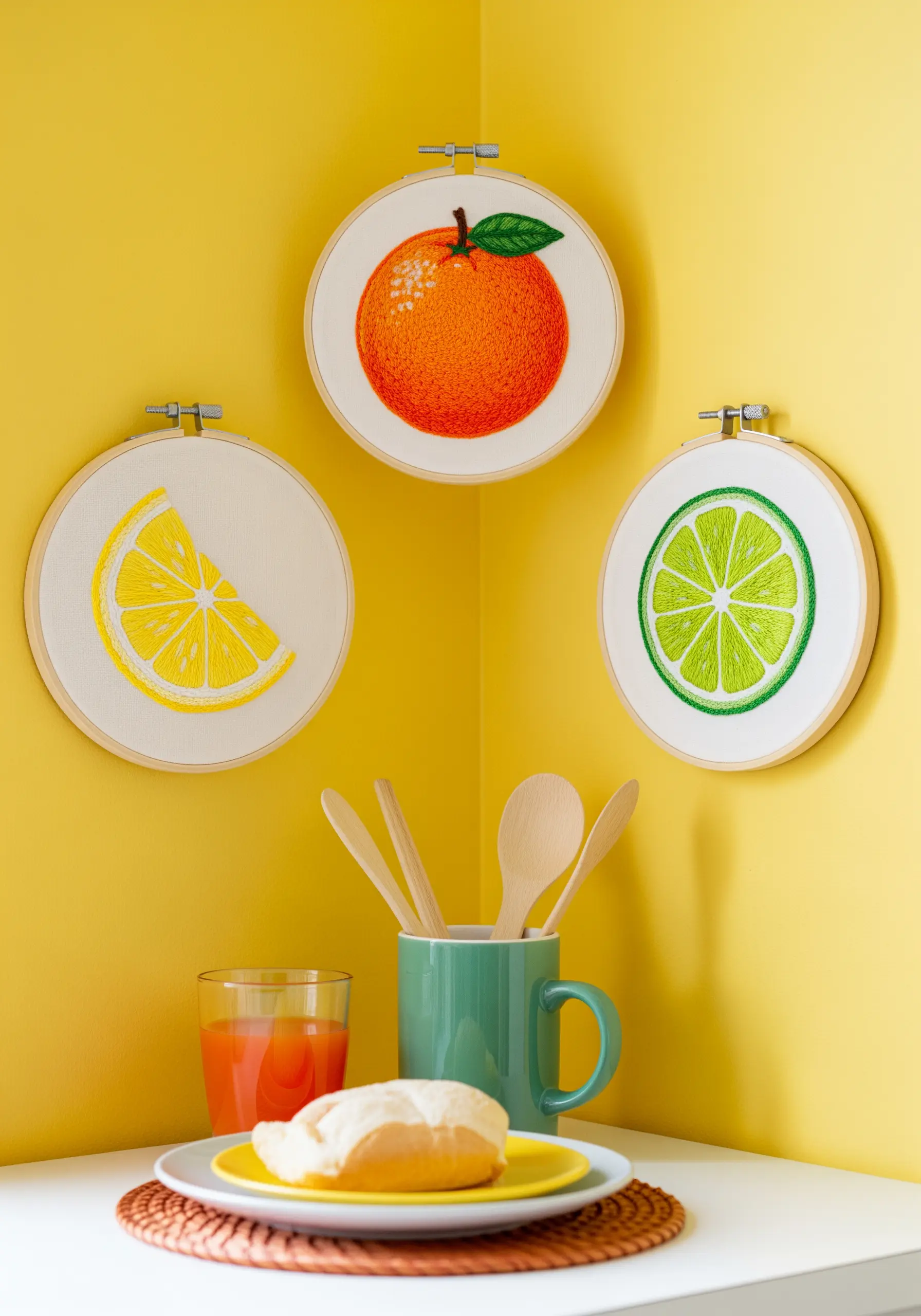Three embroidery hoops showing an orange, a lemon slice, and a lime slice on a bright yellow wall.