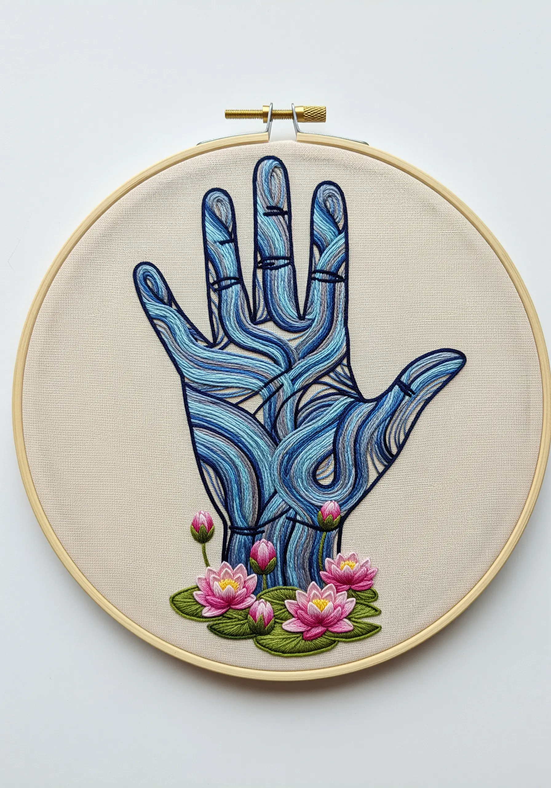 A hand filled with a flowing wave pattern in shades of blue, with pink water lilies at the base.