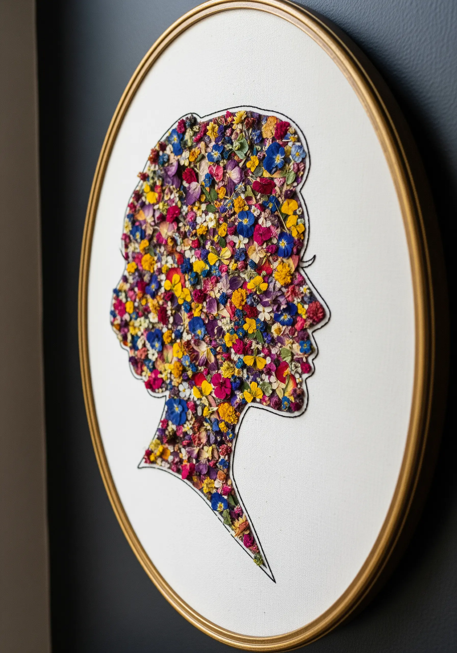 A stitched silhouette of a person's head filled with a colorful mosaic of tiny pressed flowers.