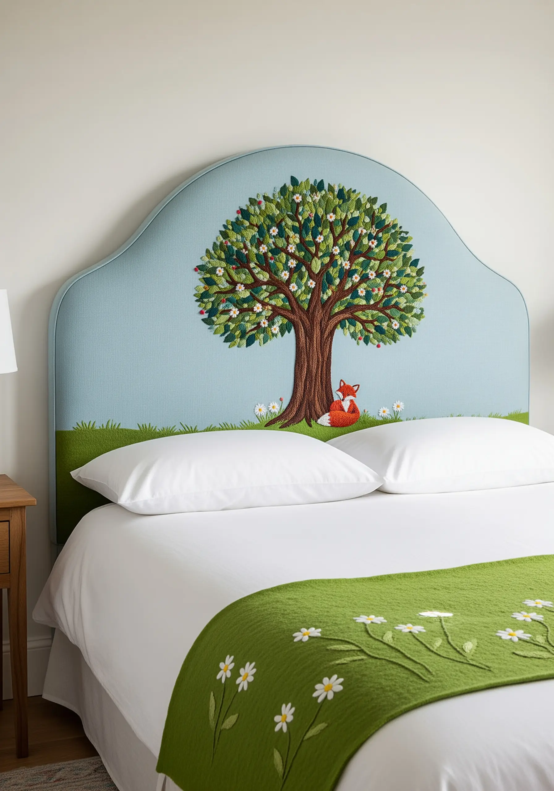 A large tree on a headboard with a canopy made of multi-toned green French knots.