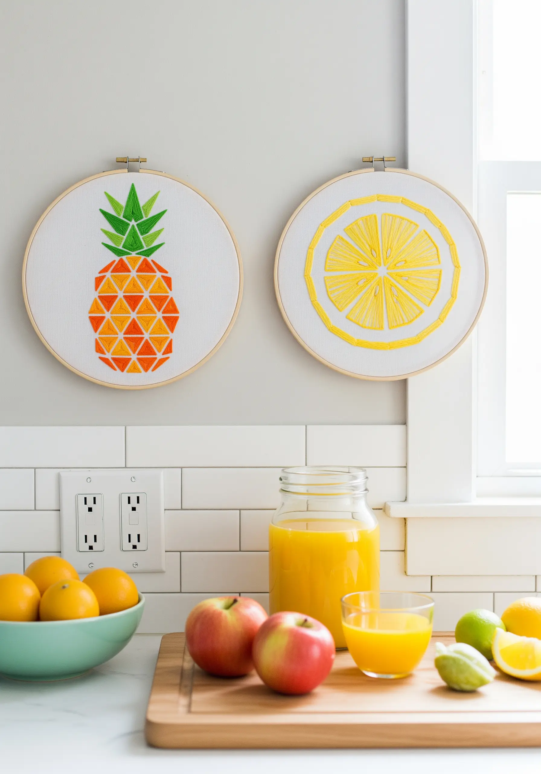 Two embroidery hoops in a kitchen, one with a geometric pineapple and one with a lemon slice.