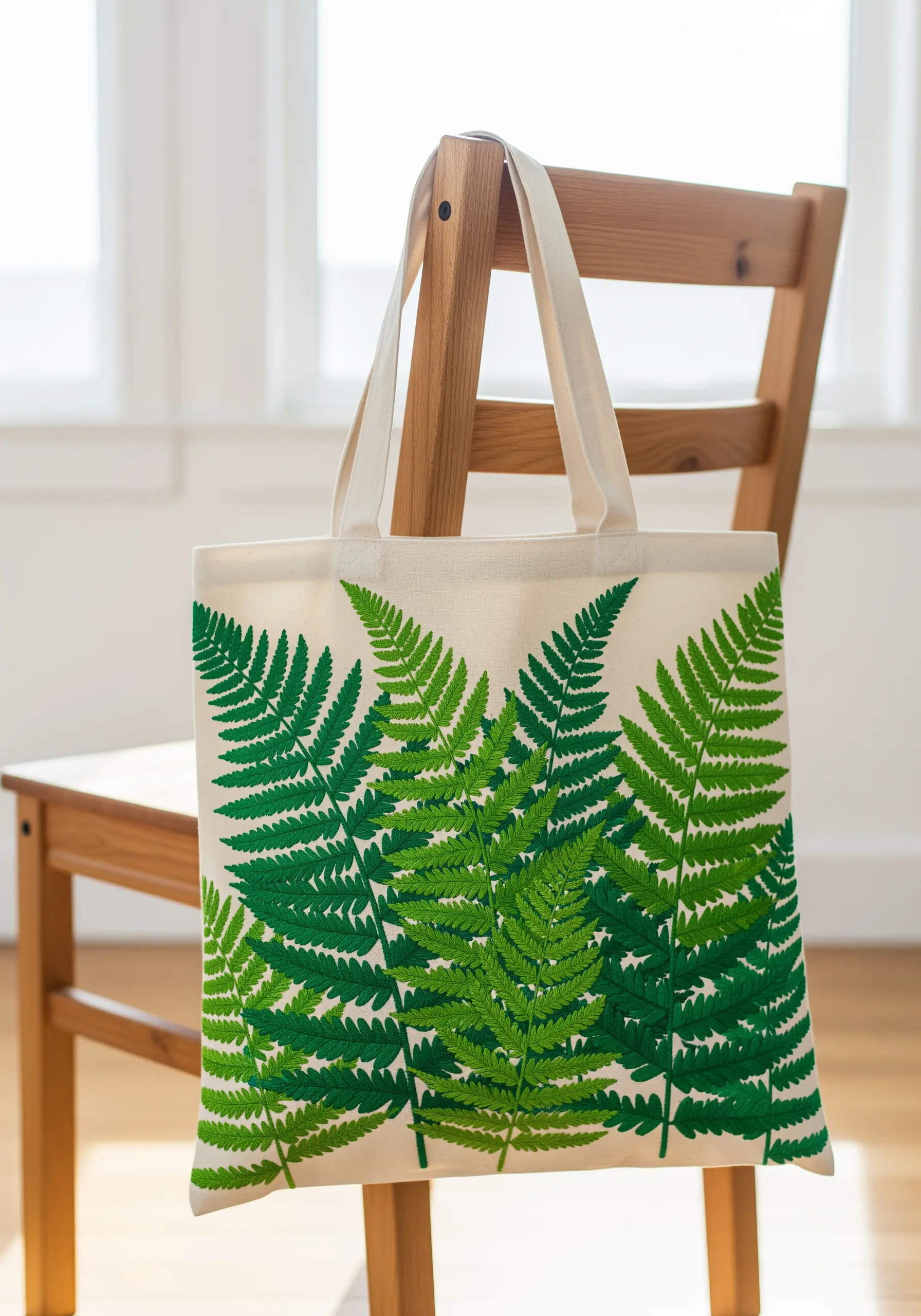 A canvas tote bag with large, vibrant green fern leaves embroidered on it