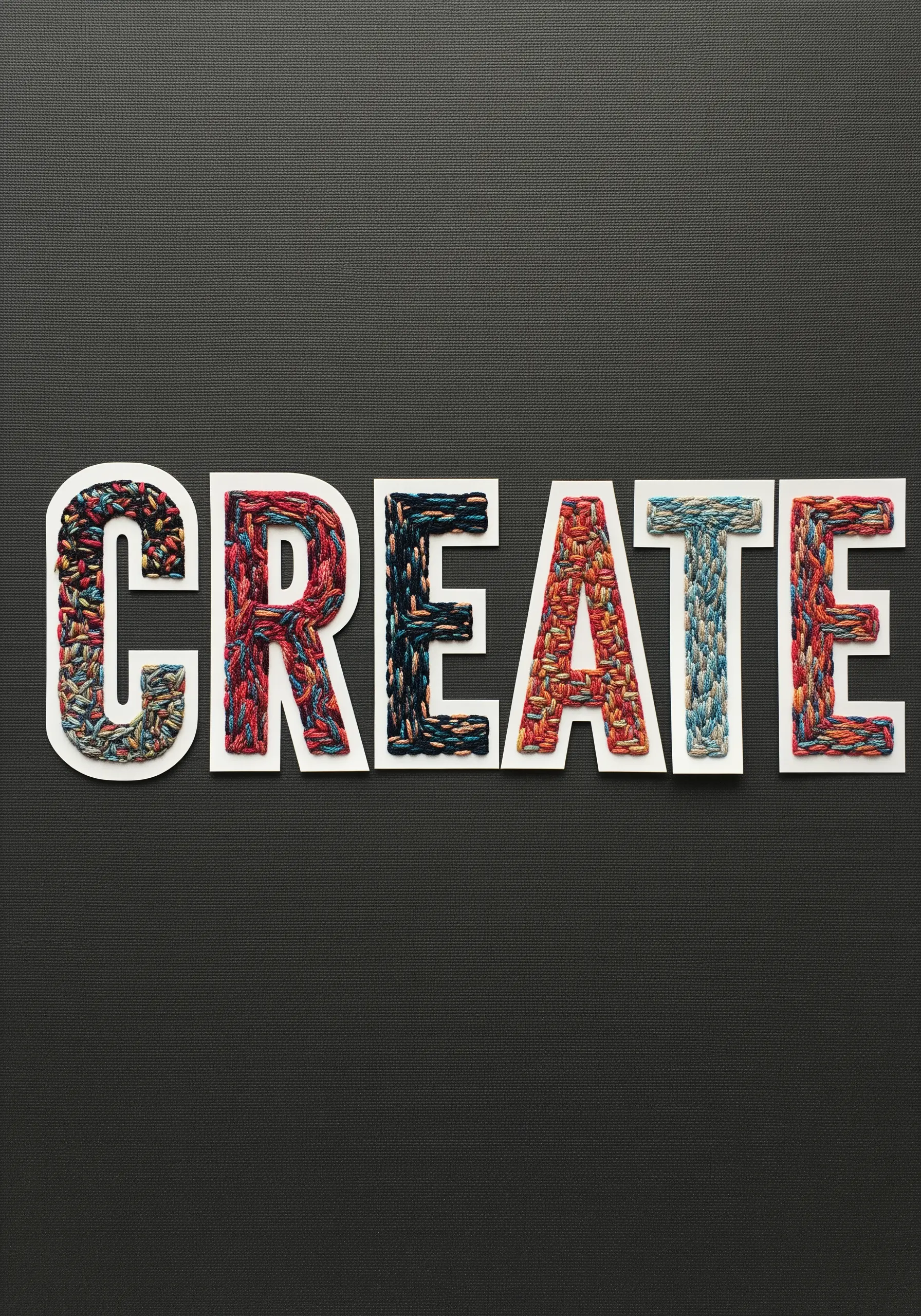 The word 'CREATE' in white paper block letters, filled with dense, colorful, and textural embroidery stitches.