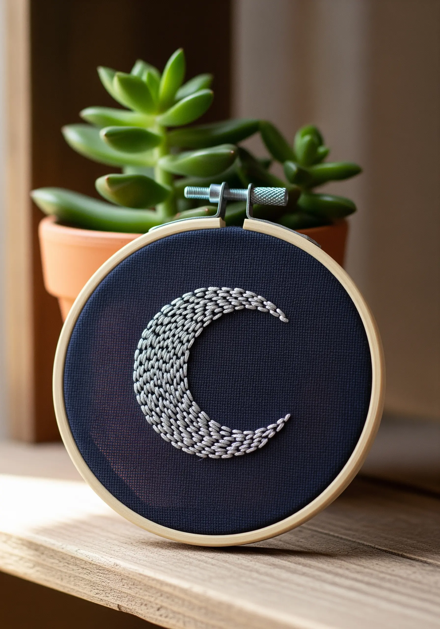 A crescent moon filled with textured rows of chain stitch on dark navy fabric.
