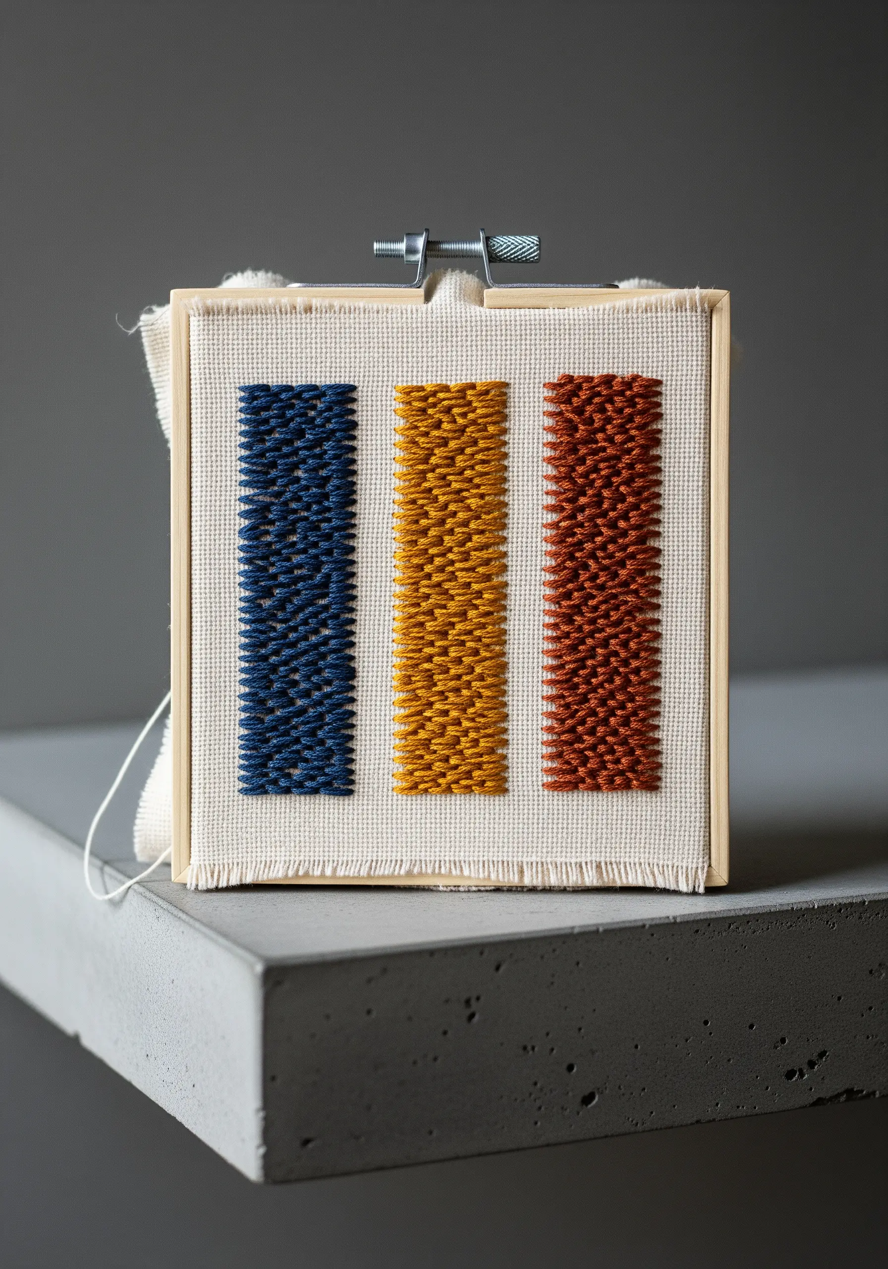 Three rectangular color blocks filled with dense, textured seed stitching.
