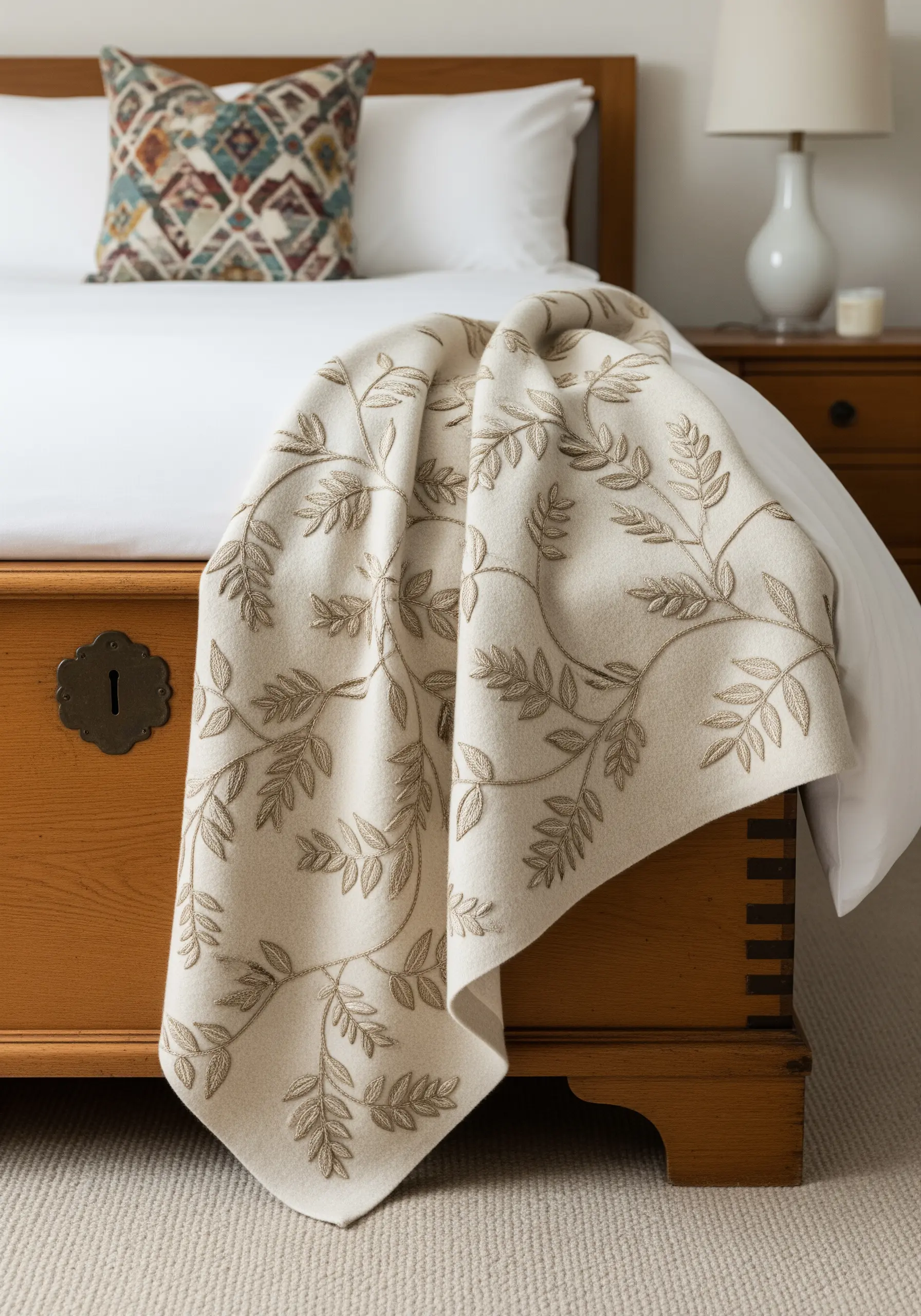 A cream throw with an all-over embroidered pattern of delicate leaves.