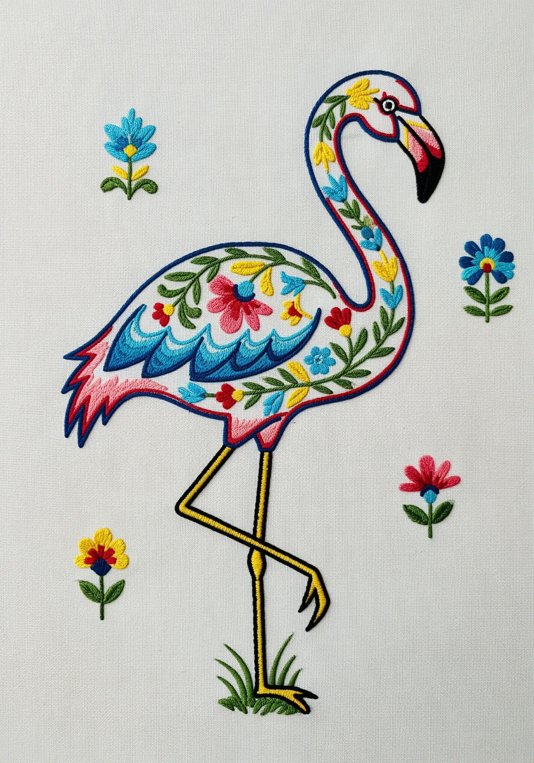 Folk art style flamingo, its body filled with colorful embroidered flowers and leaves.
