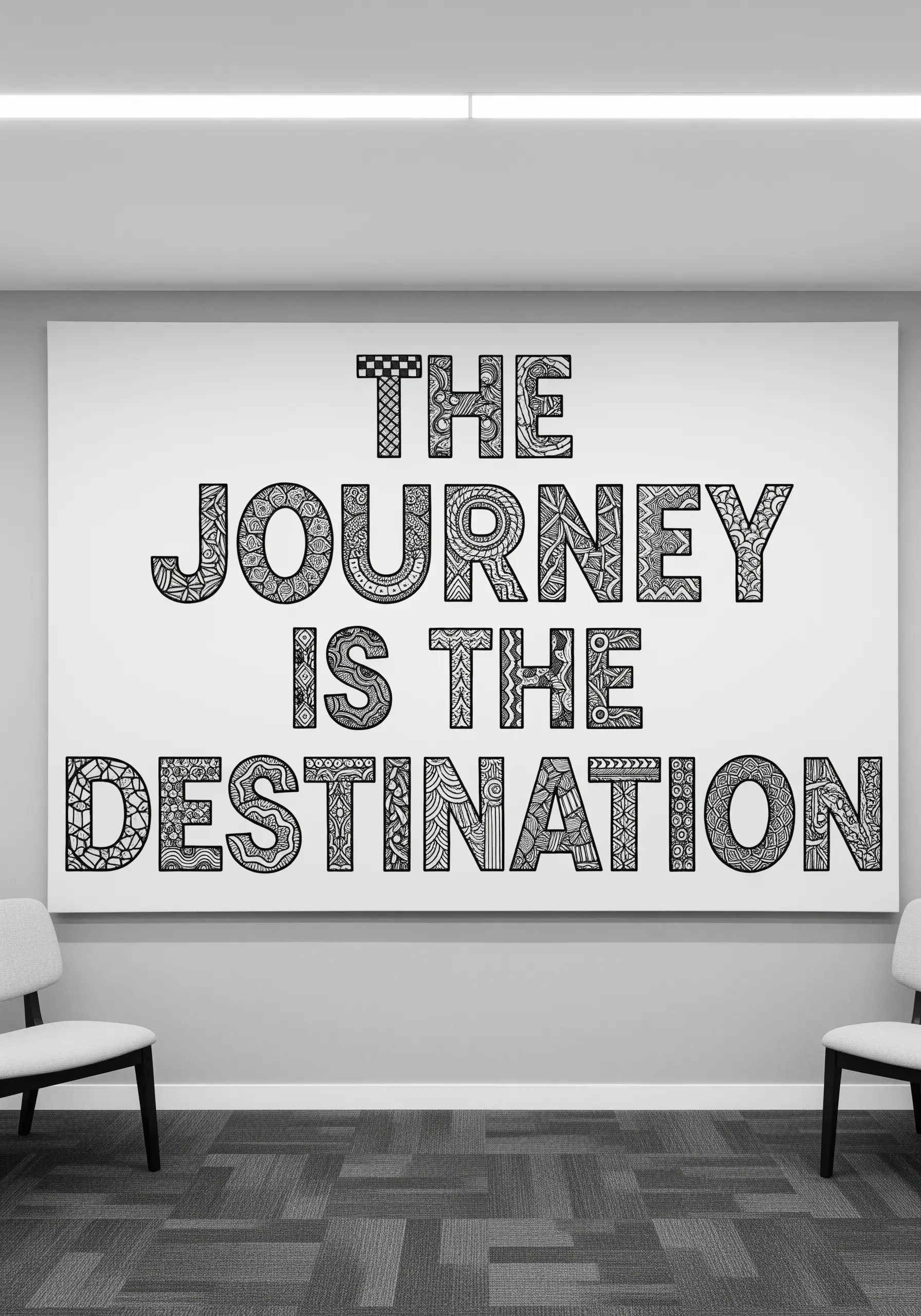 Large block letters filled with intricate black and white geometric patterns.