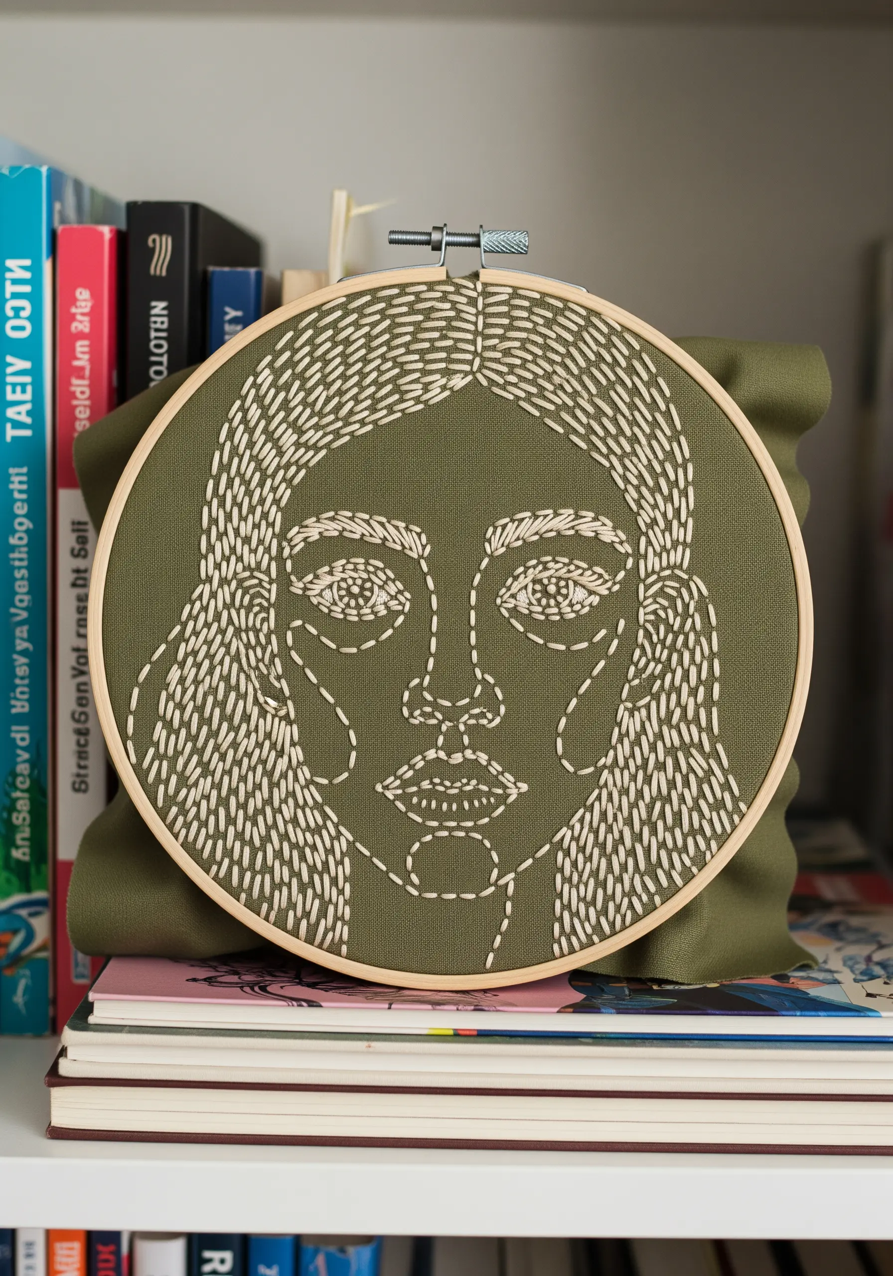 Line art face on olive green fabric, filled with scattered white seed stitches.