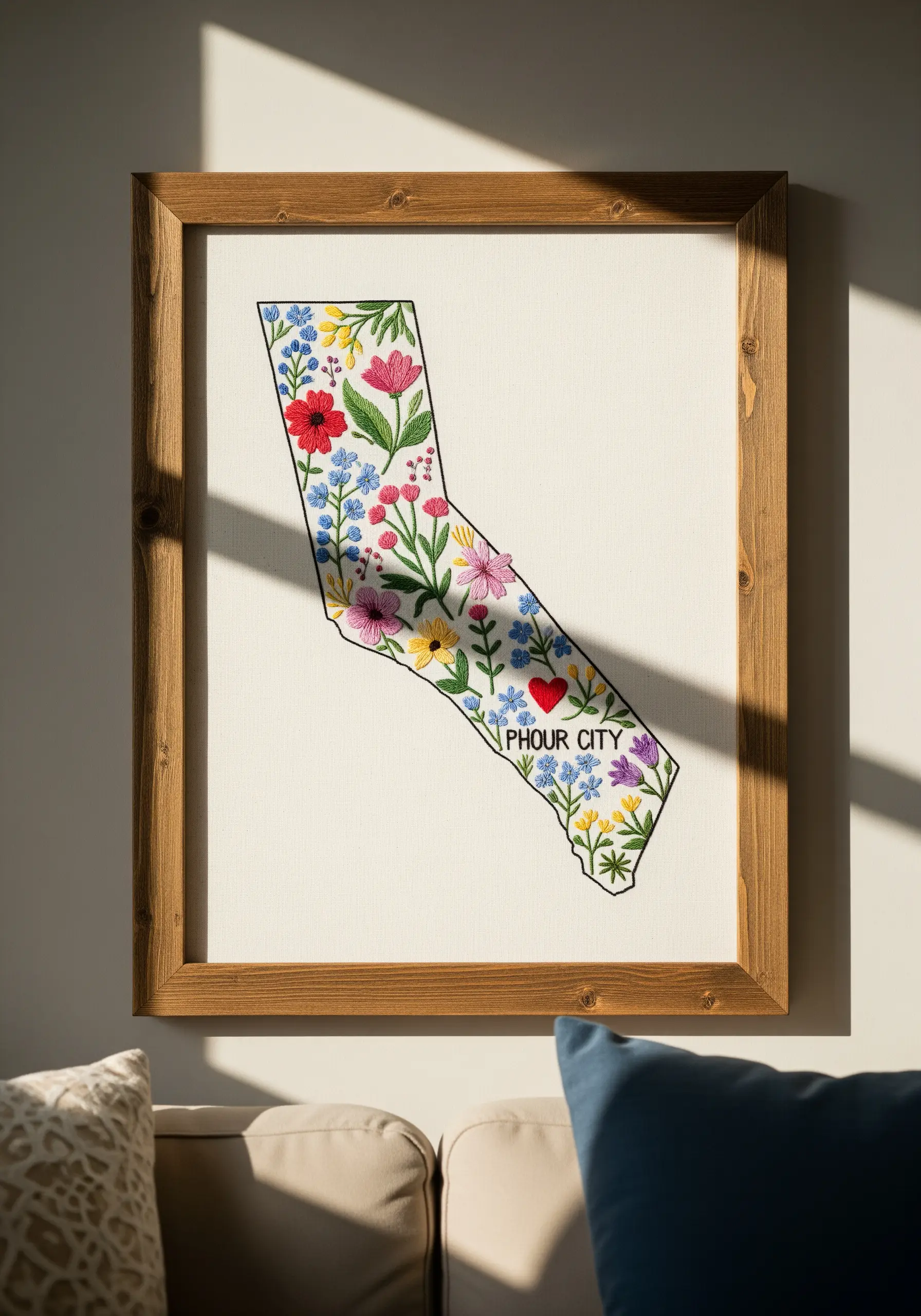 Framed embroidery of the state of California filled with colorful floral stitches.
