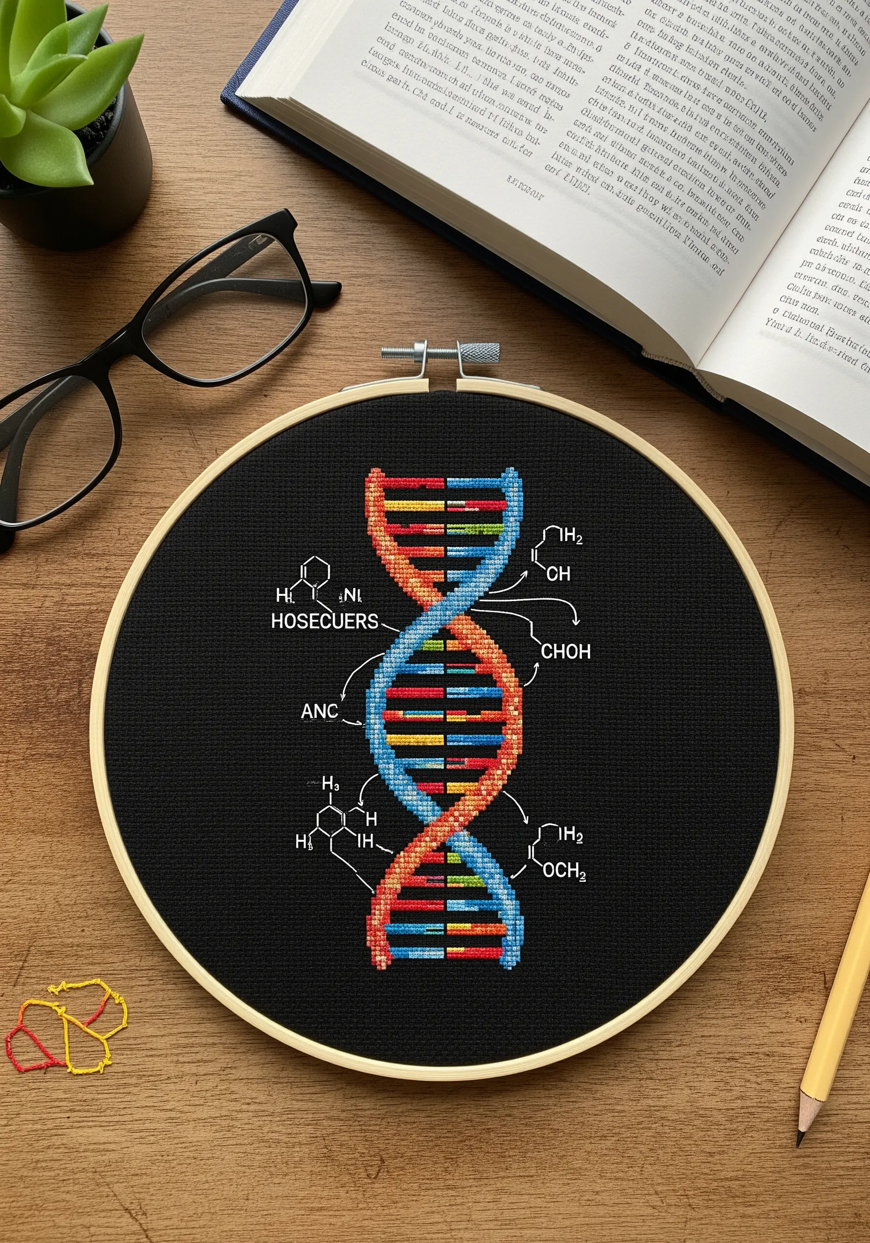 A detailed cross-stitch of a colorful DNA helix with chemical formulas on black fabric.
