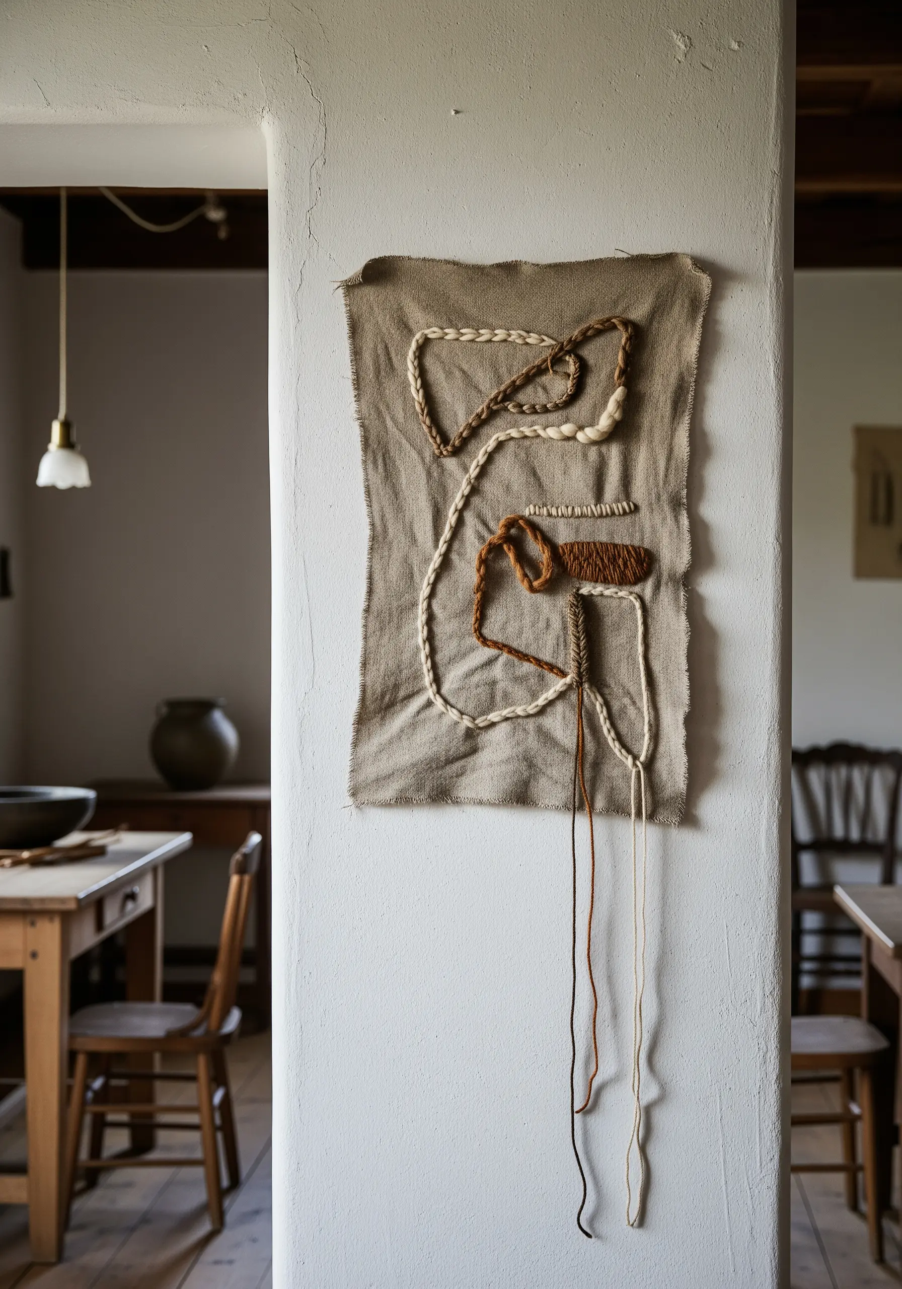 A minimalist embroidery on raw linen with couched cords and intentionally loose threads.