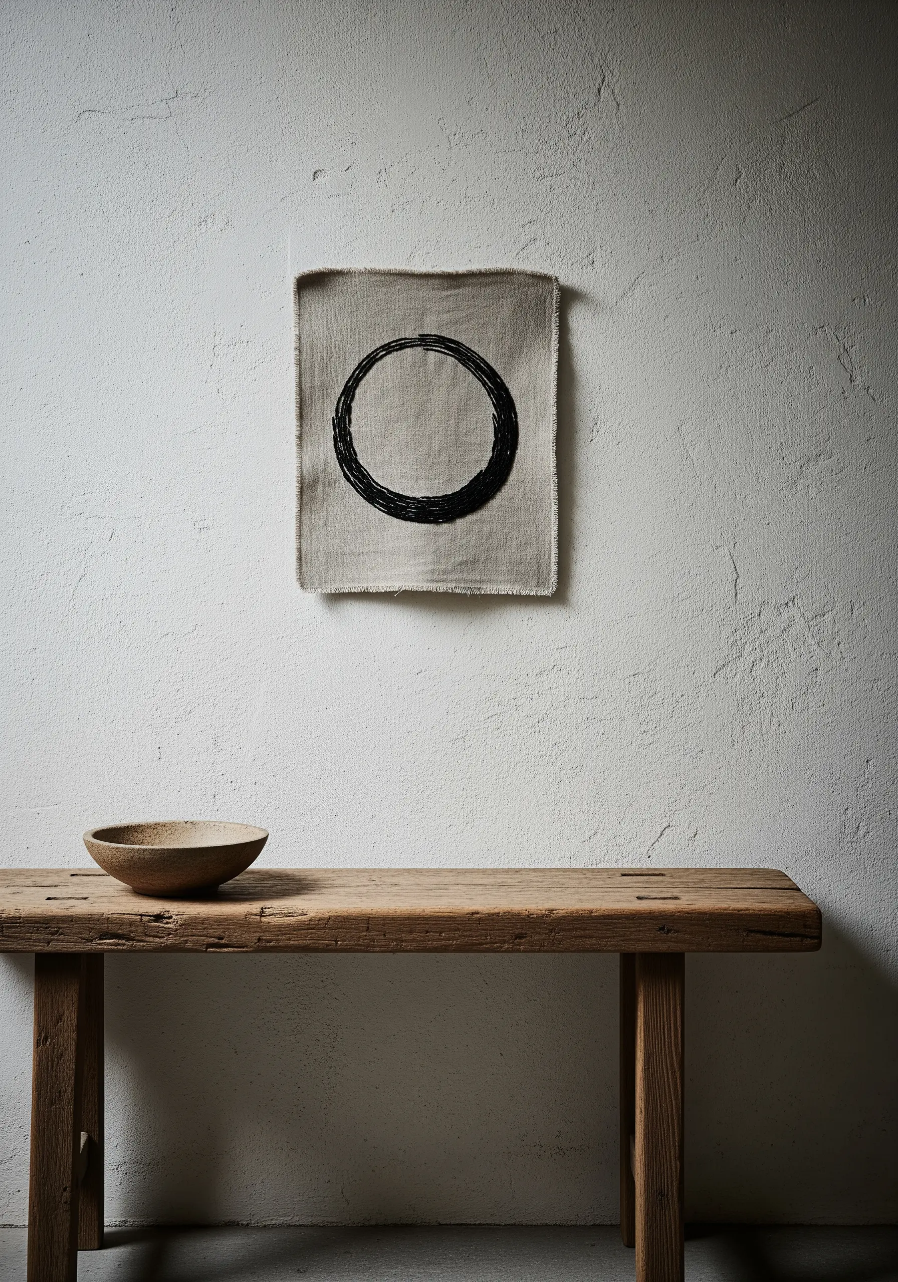 An imperfect black circle embroidered on a piece of raw linen with frayed edges.