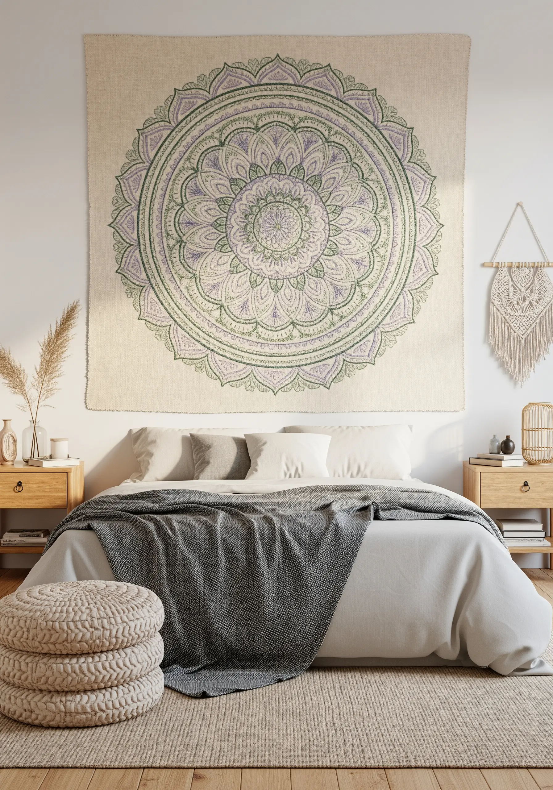 An oversized mandala tapestry in soft green and purple tones hanging over a neutral bed.