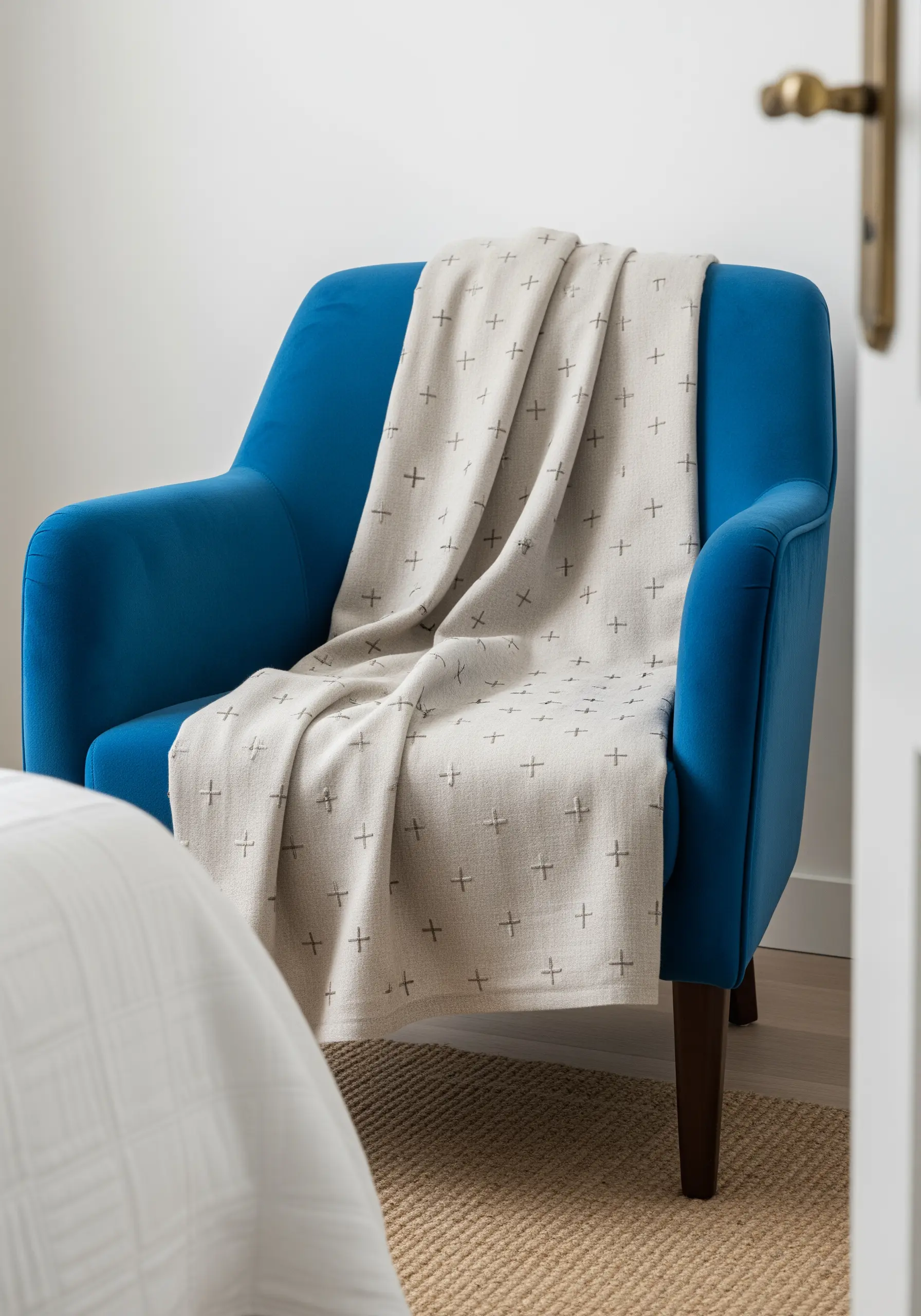 A light-colored throw blanket with a repeating pattern of small, hand-stitched plus signs.