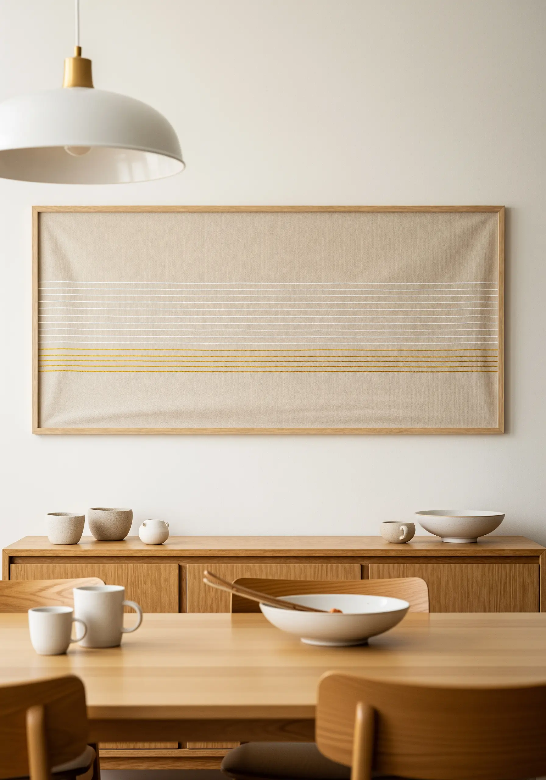 Large framed embroidery of thin, horizontal white and gold lines on a beige linen background.