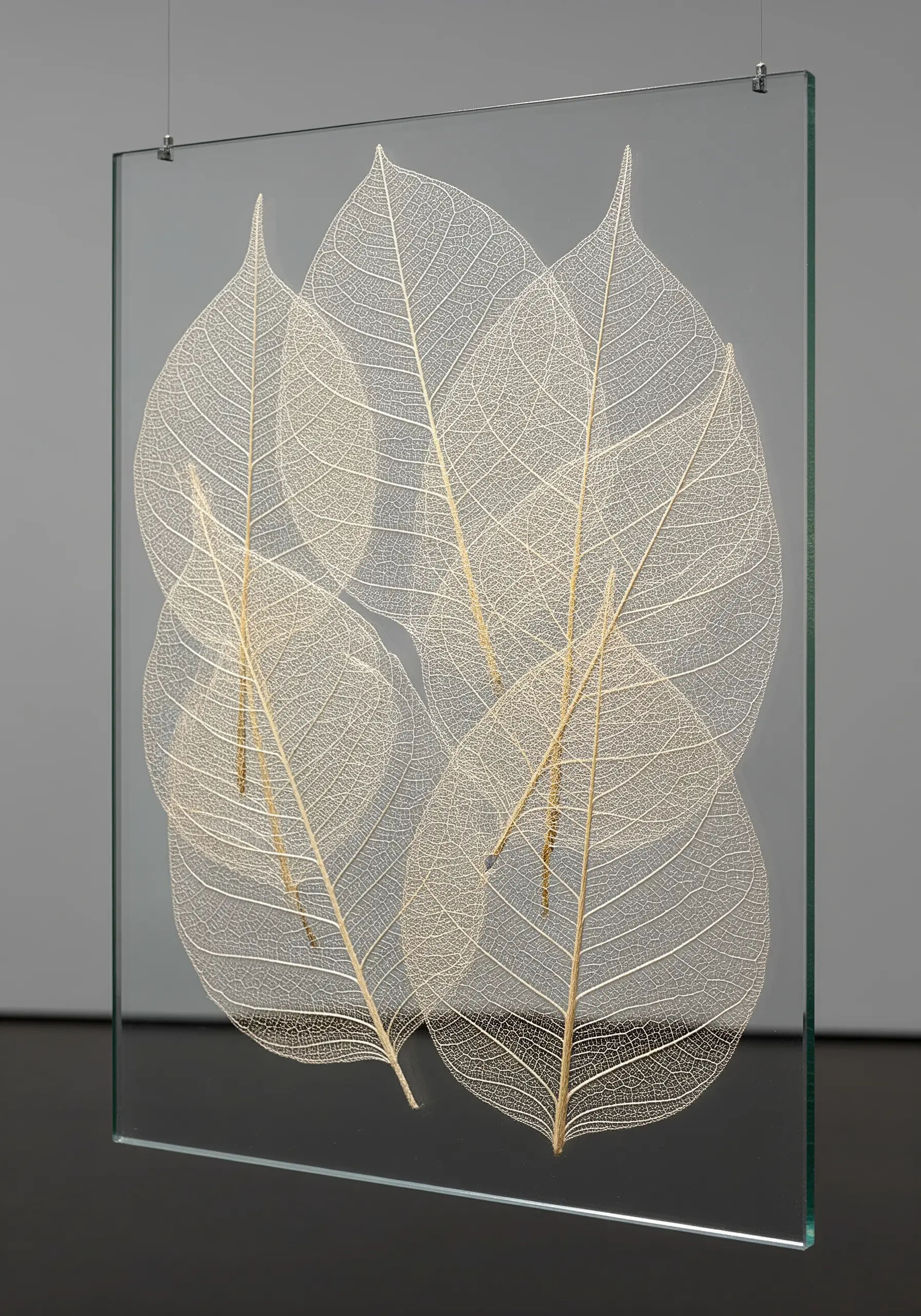 Delicate, translucent skeleton leaves arranged between two panes of glass, showing their vein patterns.