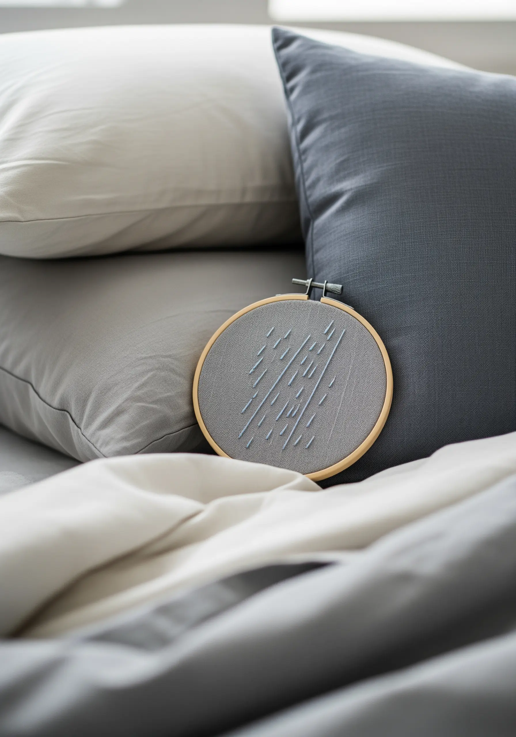 Minimalist abstract embroidery of angled blue lines representing rain on grey fabric.