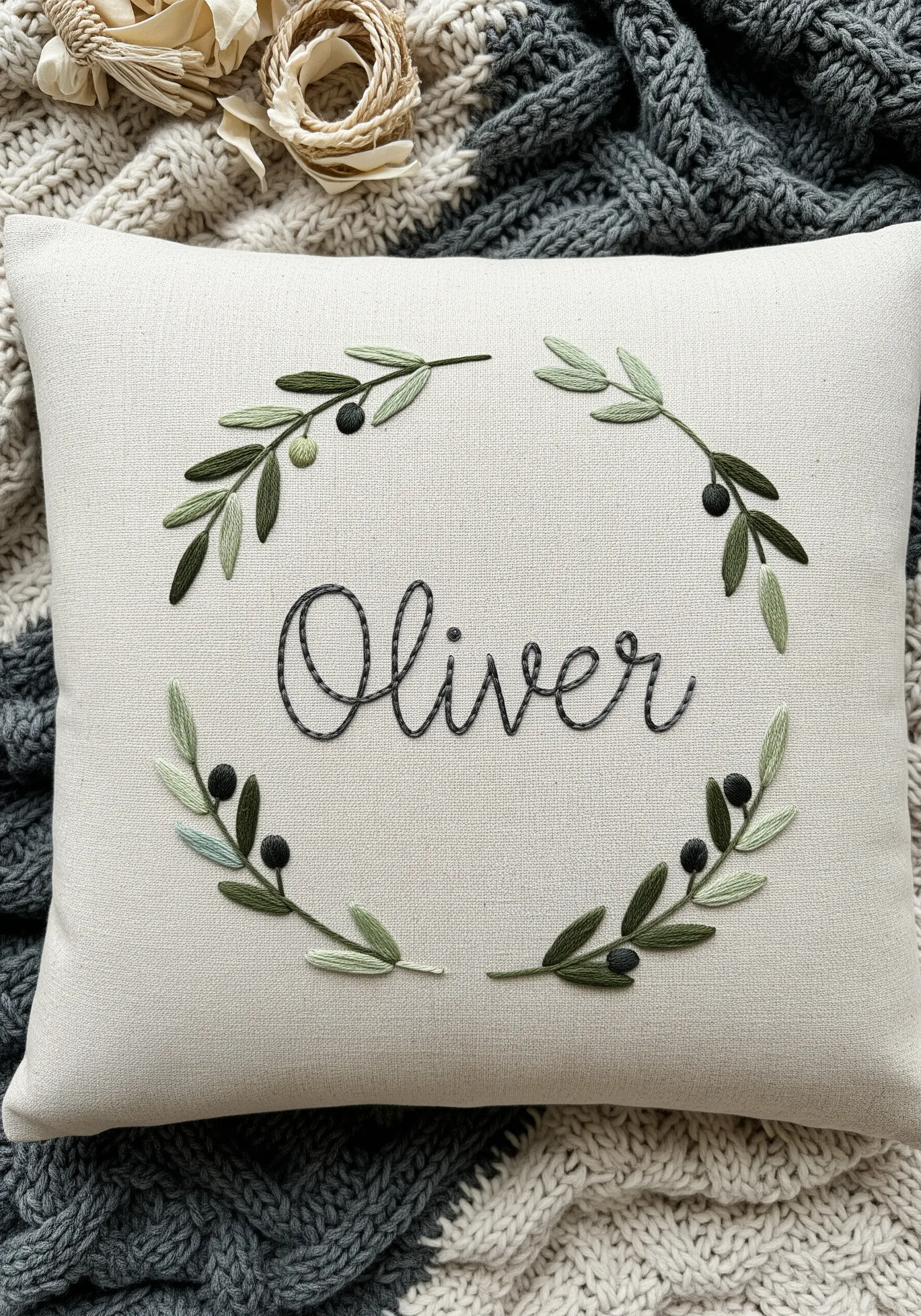 Minimalist olive branch wreath embroidery with name Oliver on cream pillow