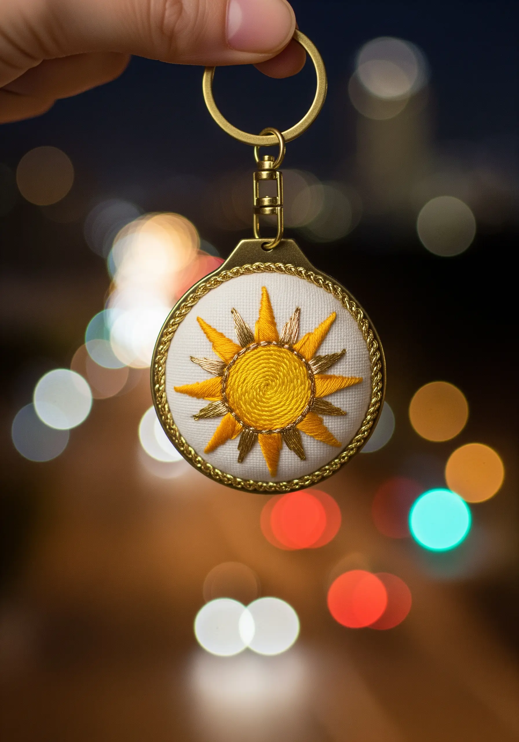 A small embroidered sun in a mini hoop, finished as a keychain against a bokeh background.