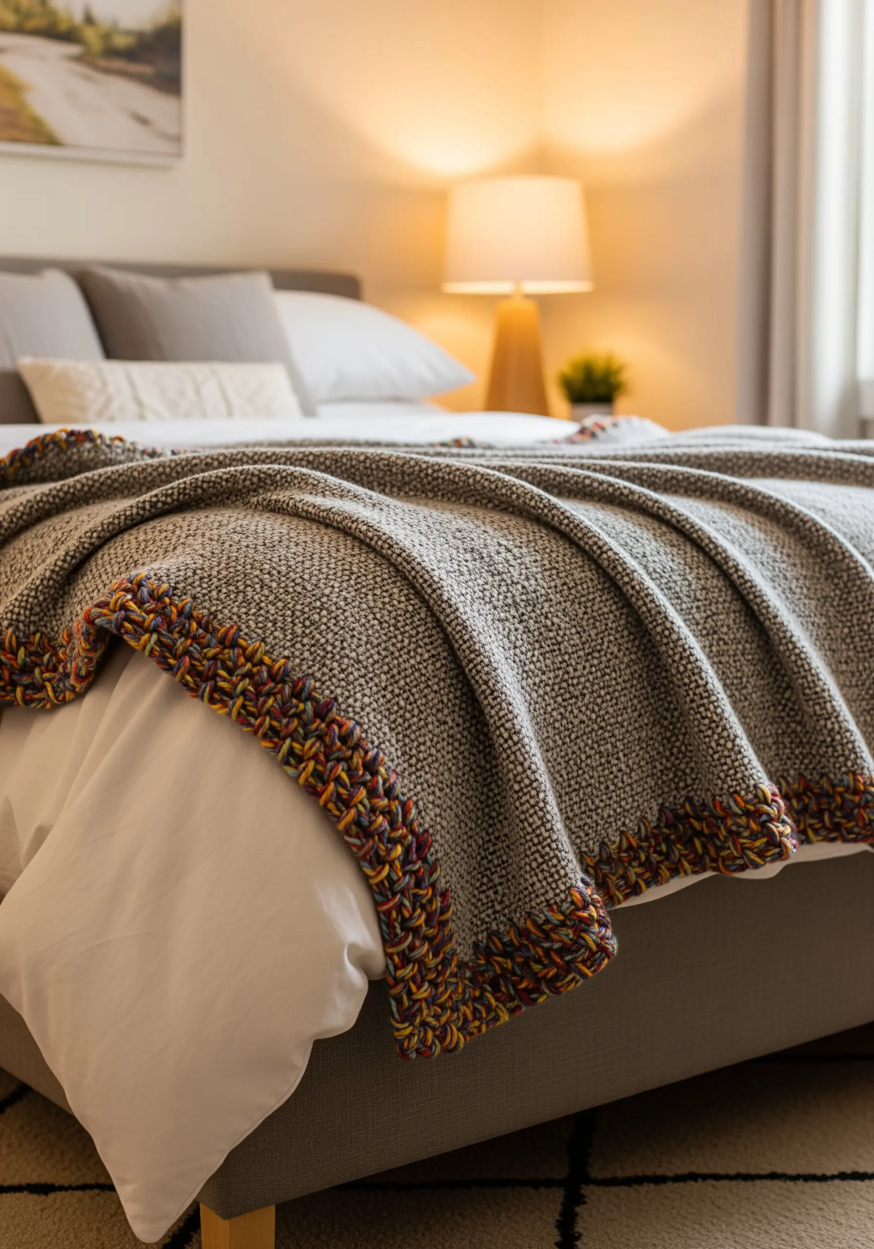 A gray woven throw blanket finished with a thick, colorful embroidered blanket stitch edge.