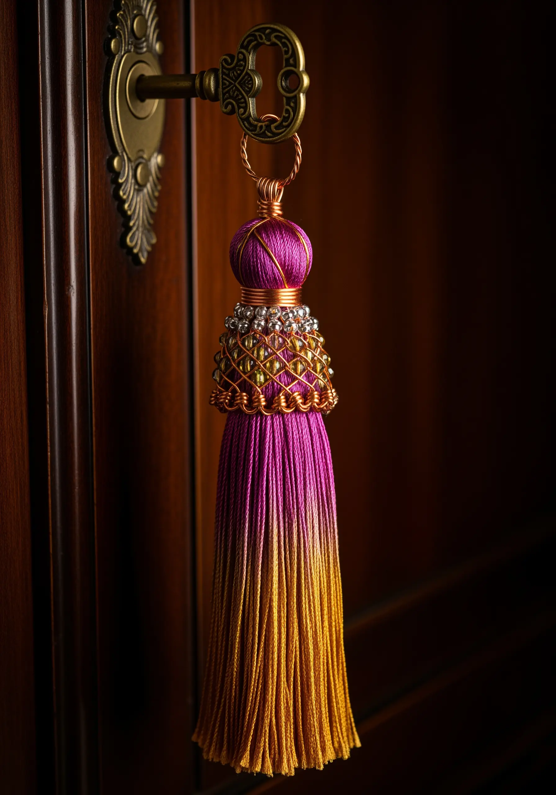 An ornate pink and gold tassel with beads hanging from a keyhole.
