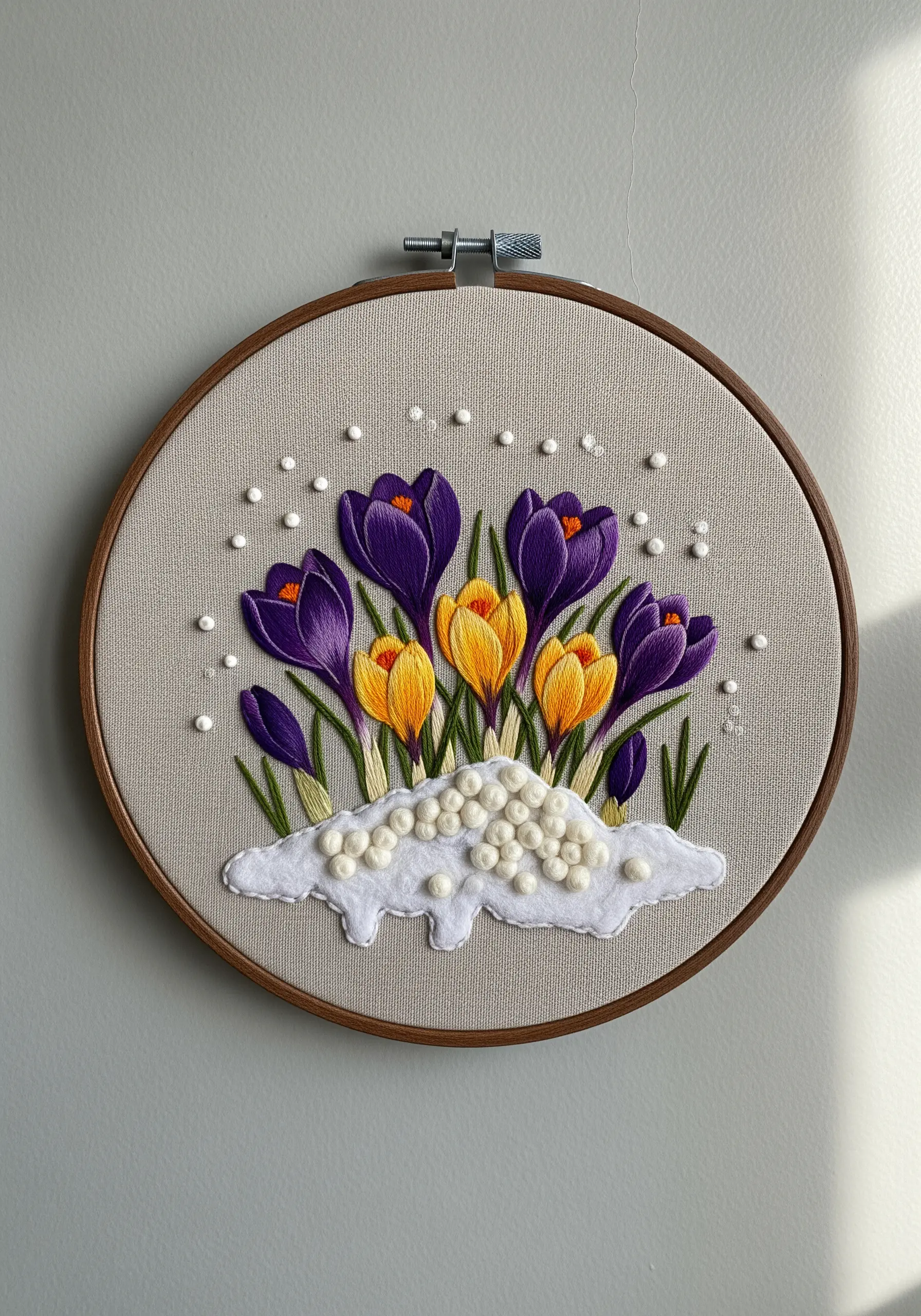 Embroidered purple and yellow crocuses with 3D French knot snow and pearl beads.
