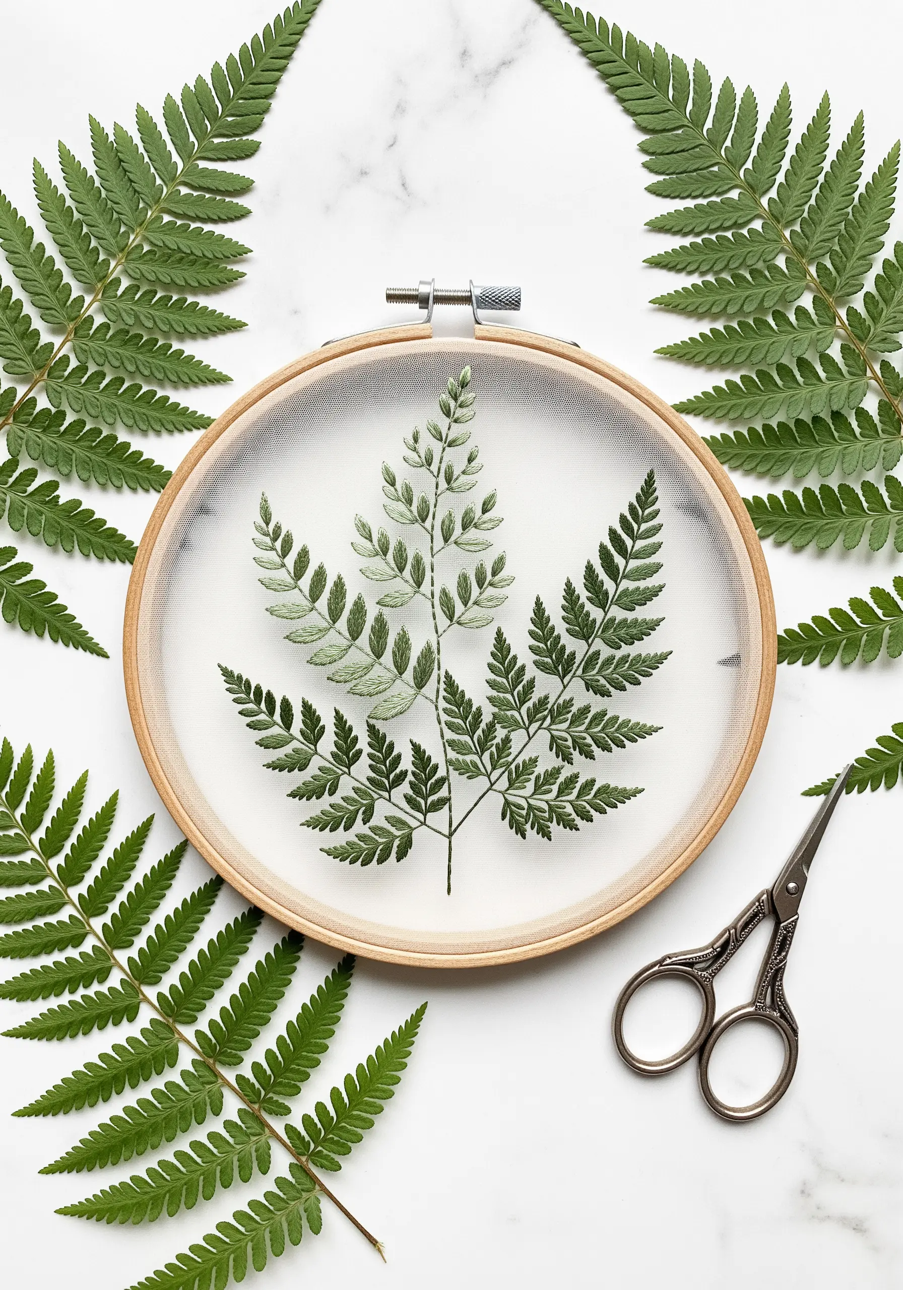 Fern leaf embroidered on transparent tulle fabric in a wooden hoop