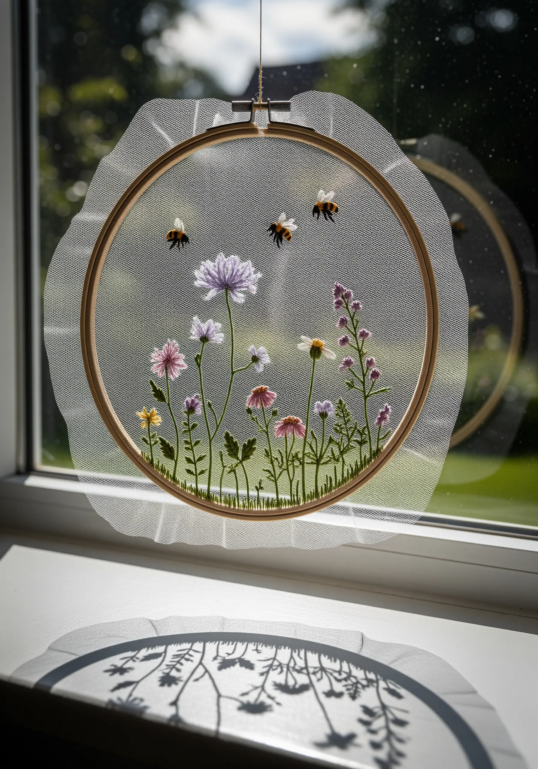 Transparent hoop with embroidered bees and wildflowers on tulle