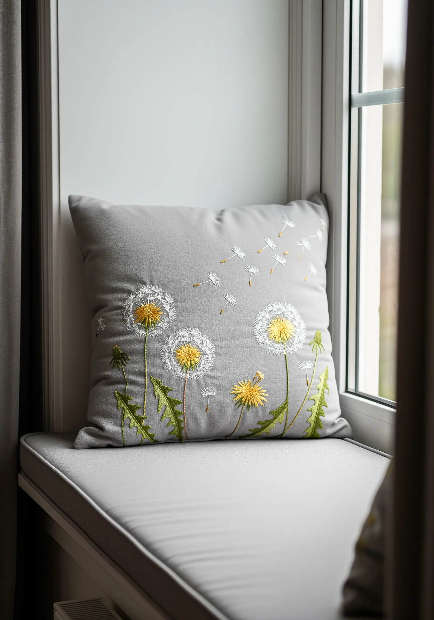 A gray cushion with embroidered dandelions, showing fluffy seed heads and seeds floating away.