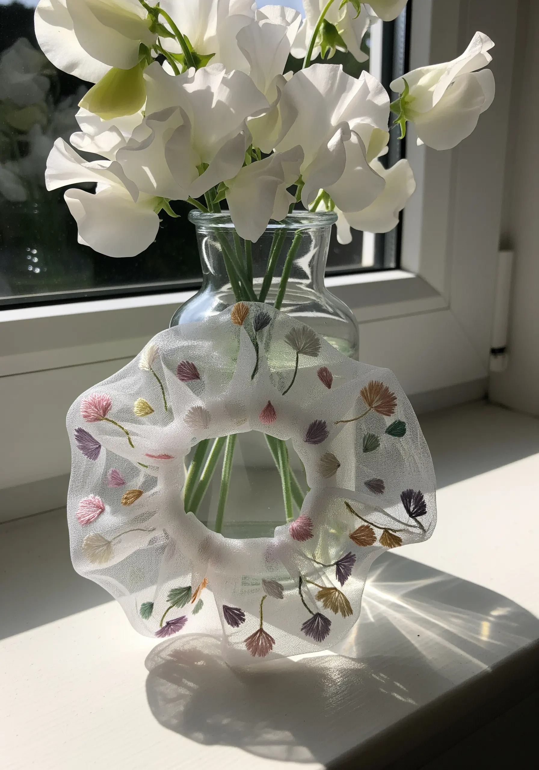 Delicate floral stems embroidered on white tulle