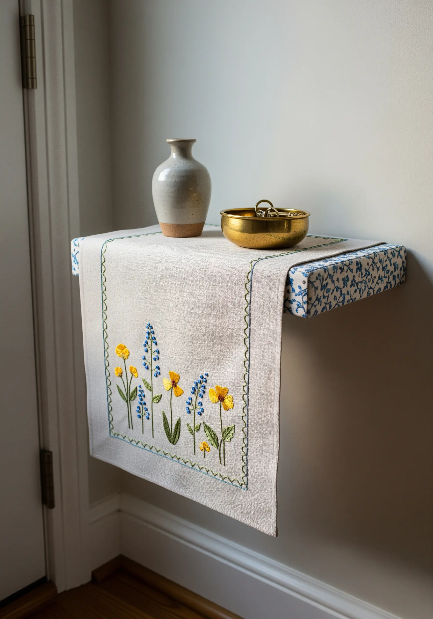 Linen table runner with embroidered yellow and blue wildflowers