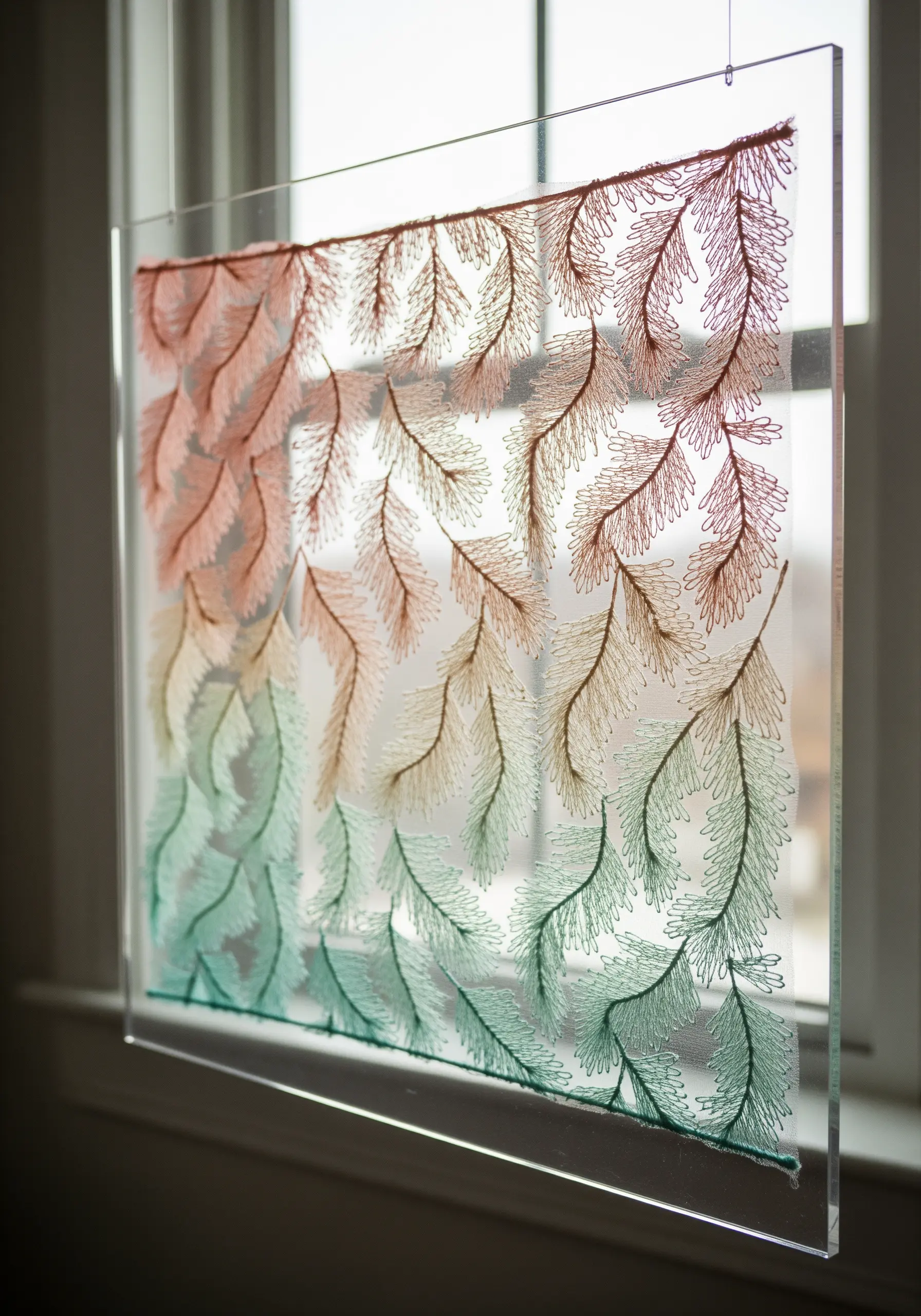 Fern-like stitches in a coral-to-teal gradient embroidered directly onto a clear acrylic sheet.