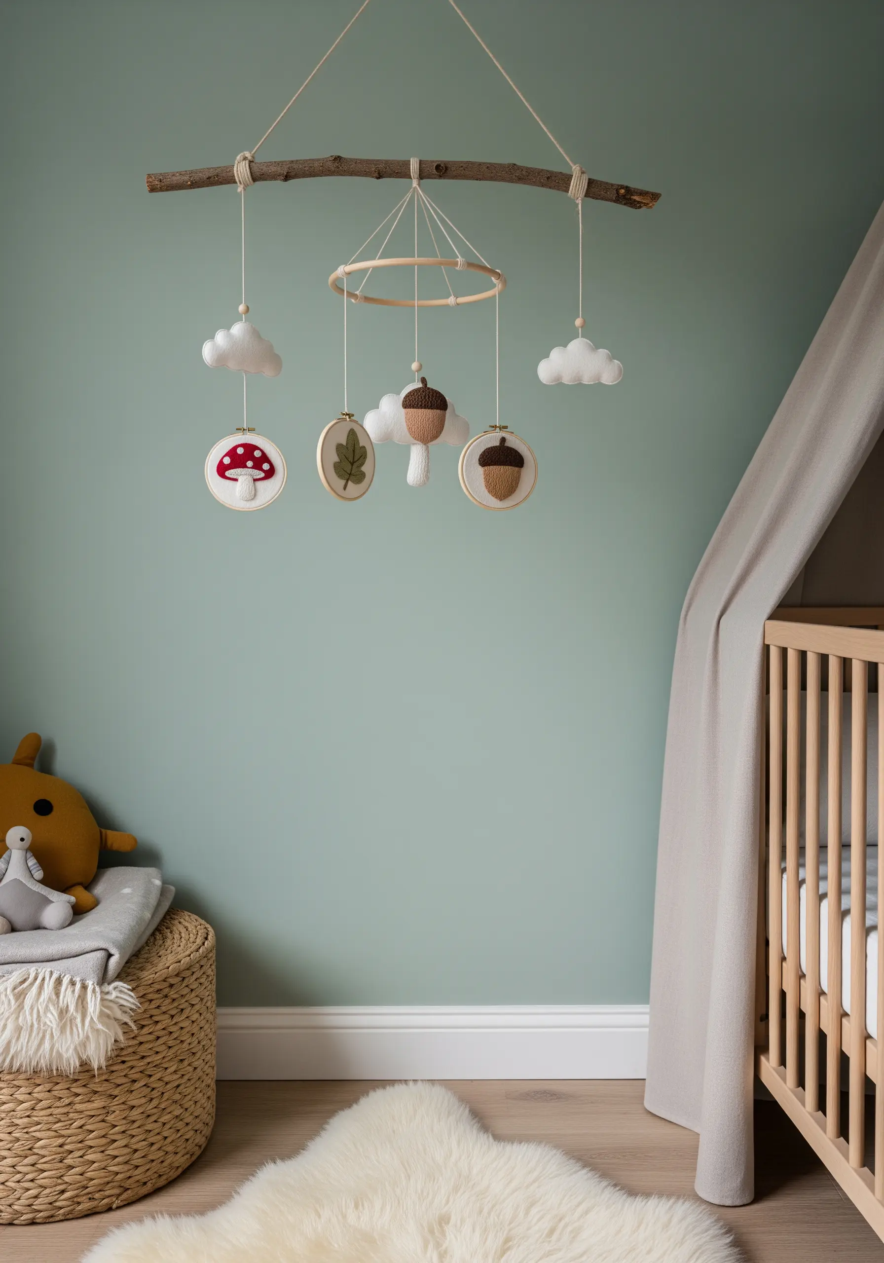 Baby mobile made of embroidered felt mushrooms, leaves, and clouds hanging from a branch