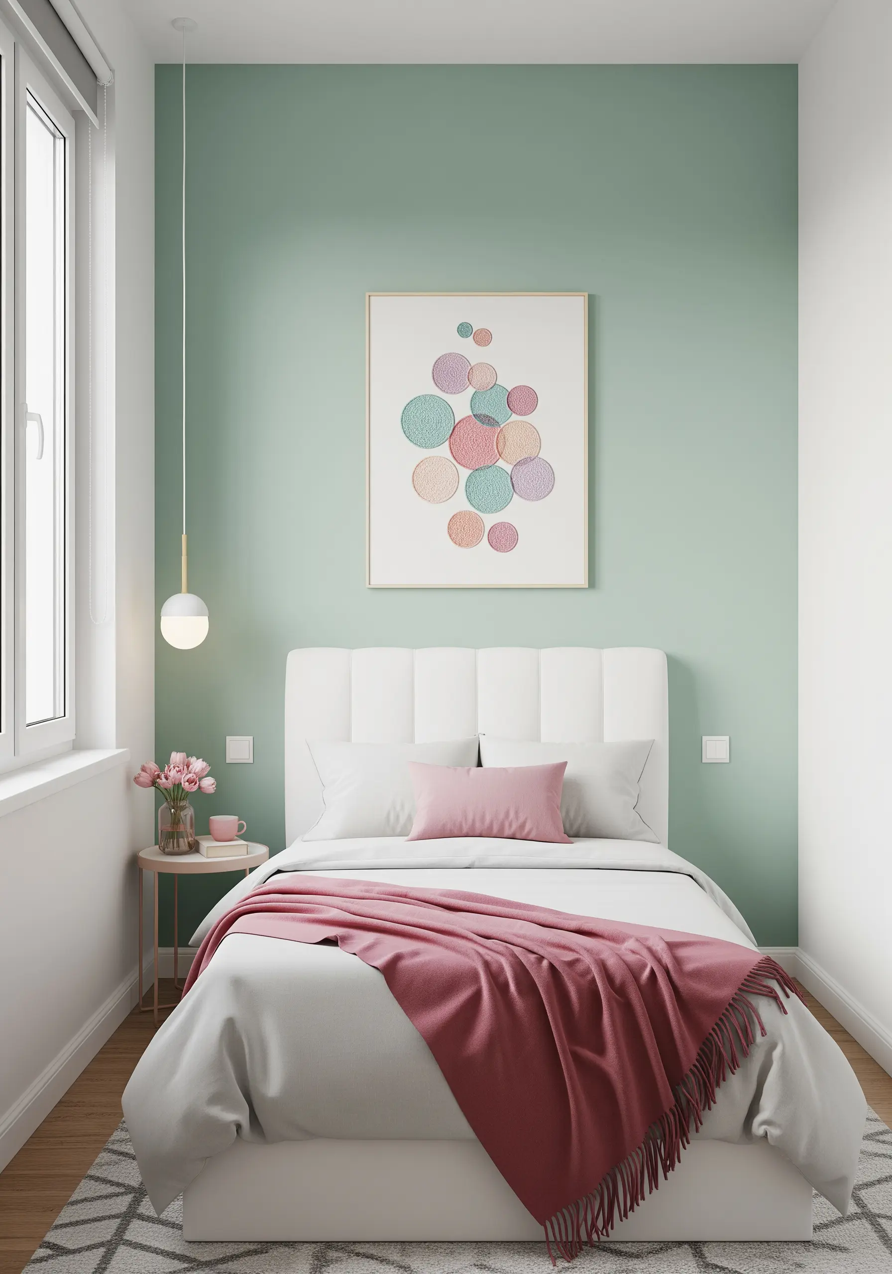 Framed embroidery of overlapping circles in pastel pink, blue, and mint green.