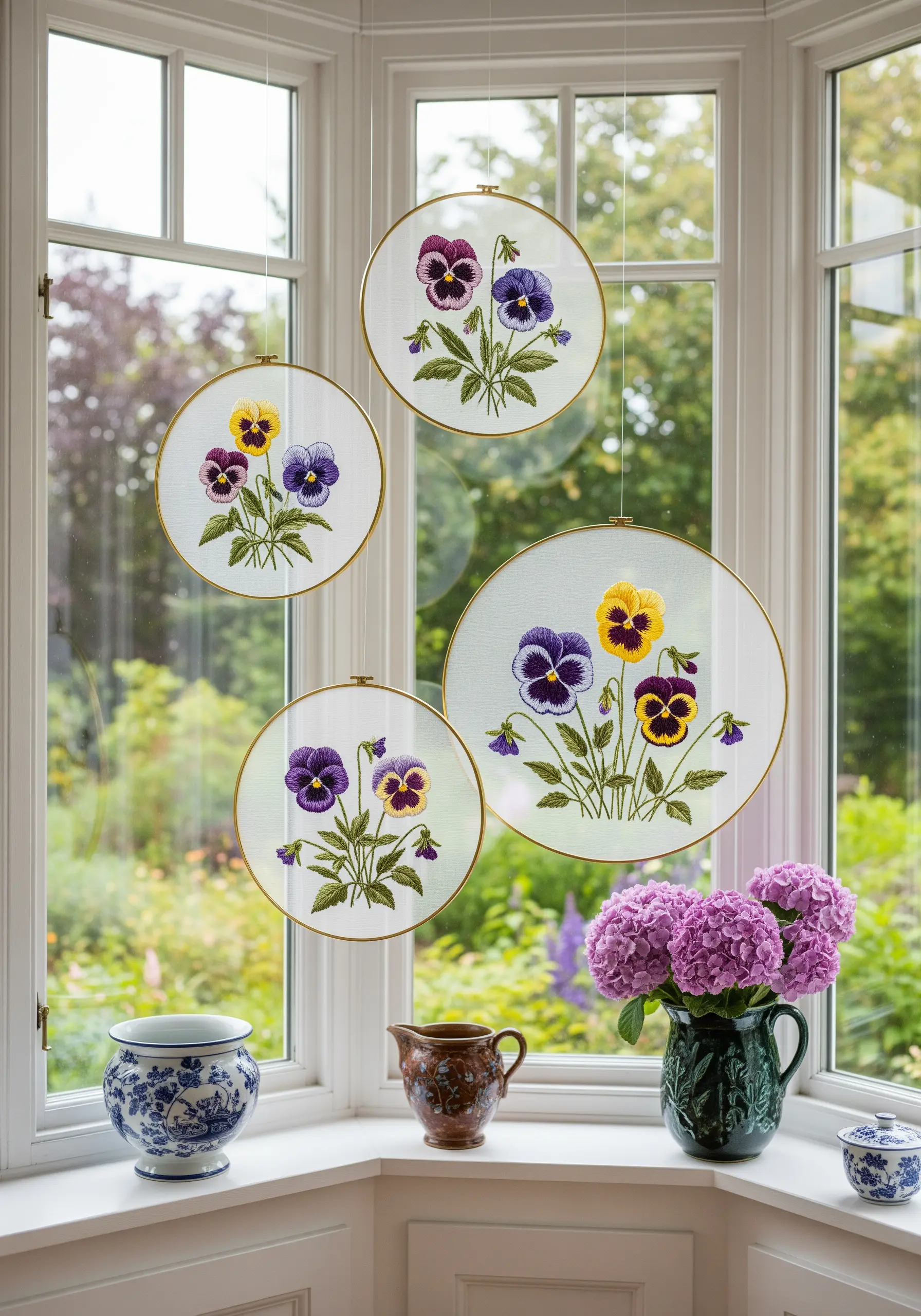 Embroidery hoops with pansies stitched on transparent tulle hanging in a window