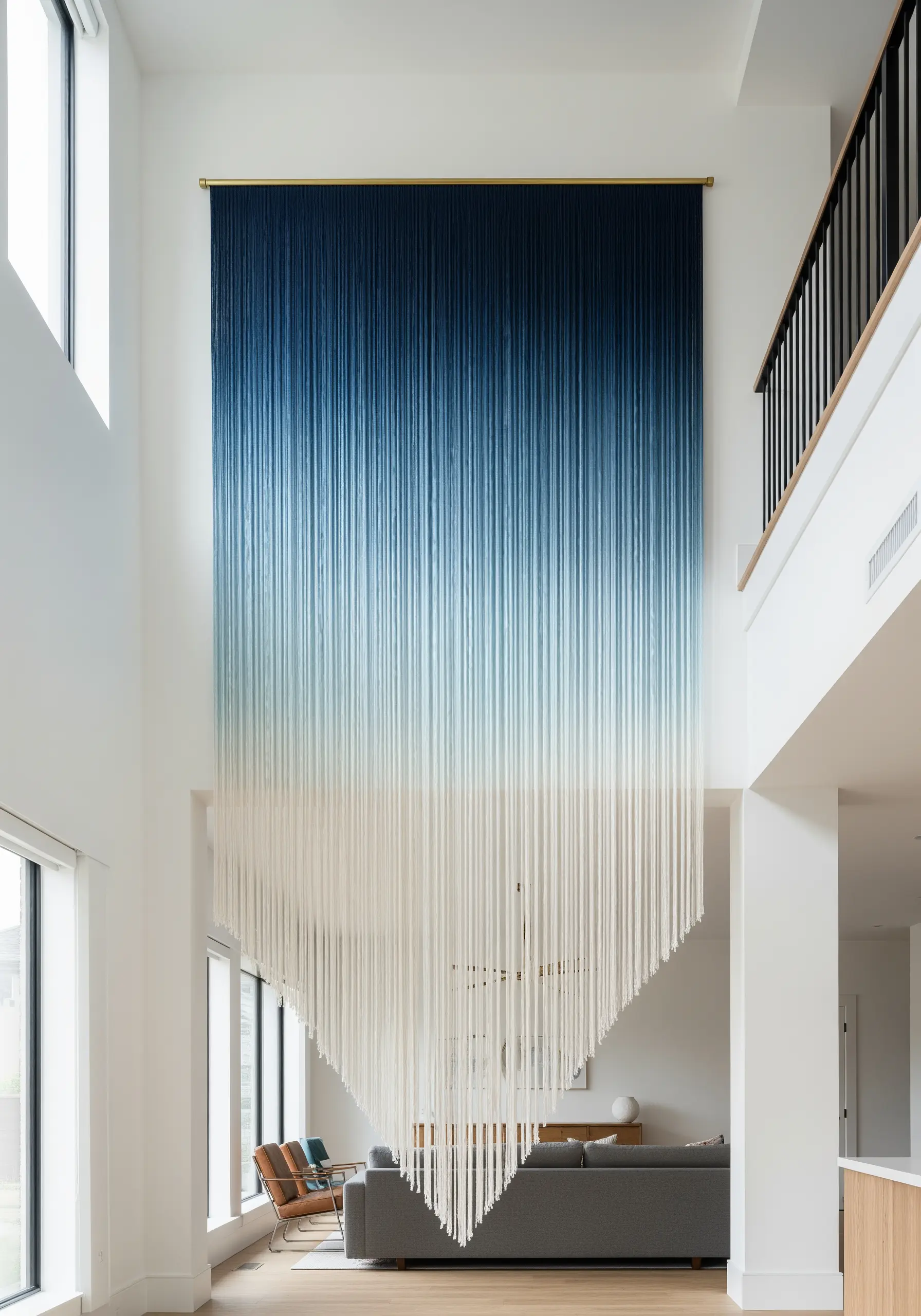 A massive, two-story wall installation of dip-dyed yarn transitioning from dark blue to white.